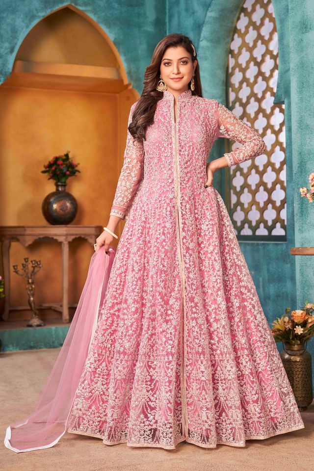 Pink Net Heavy Thread Embroidery With Sequins Work  Anarkali Suits