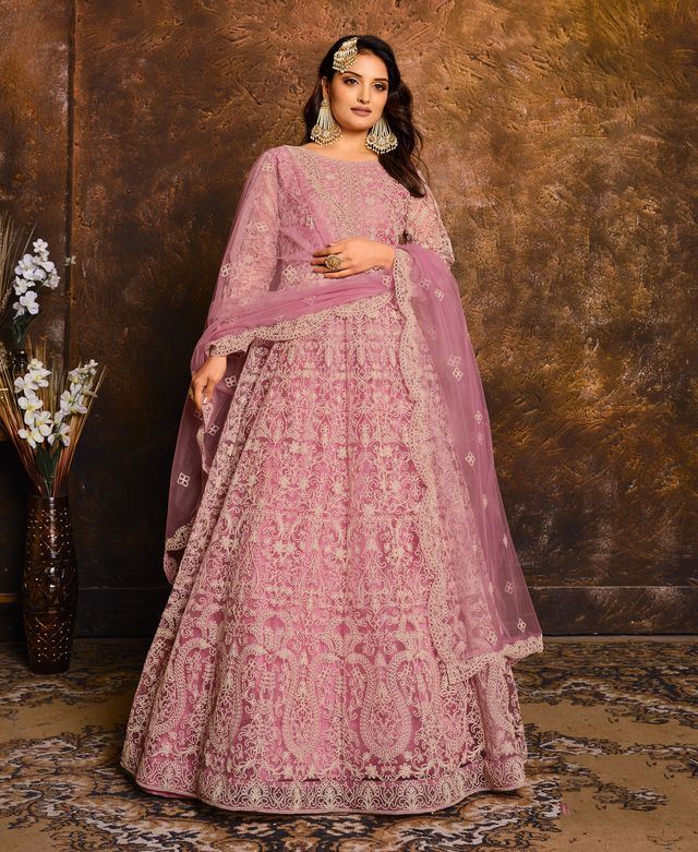 Pink Net Heavy Thread Embroidery Work  Anarkali Suits