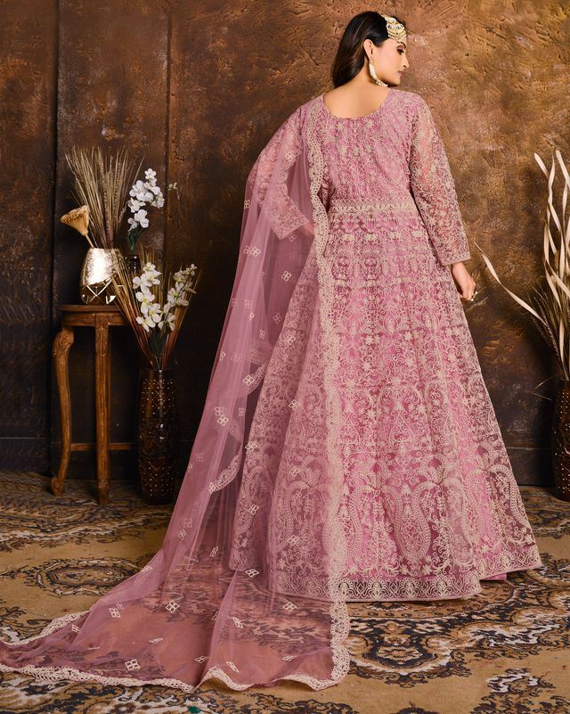 Pink Net Heavy Thread Embroidery Work  Anarkali Suits