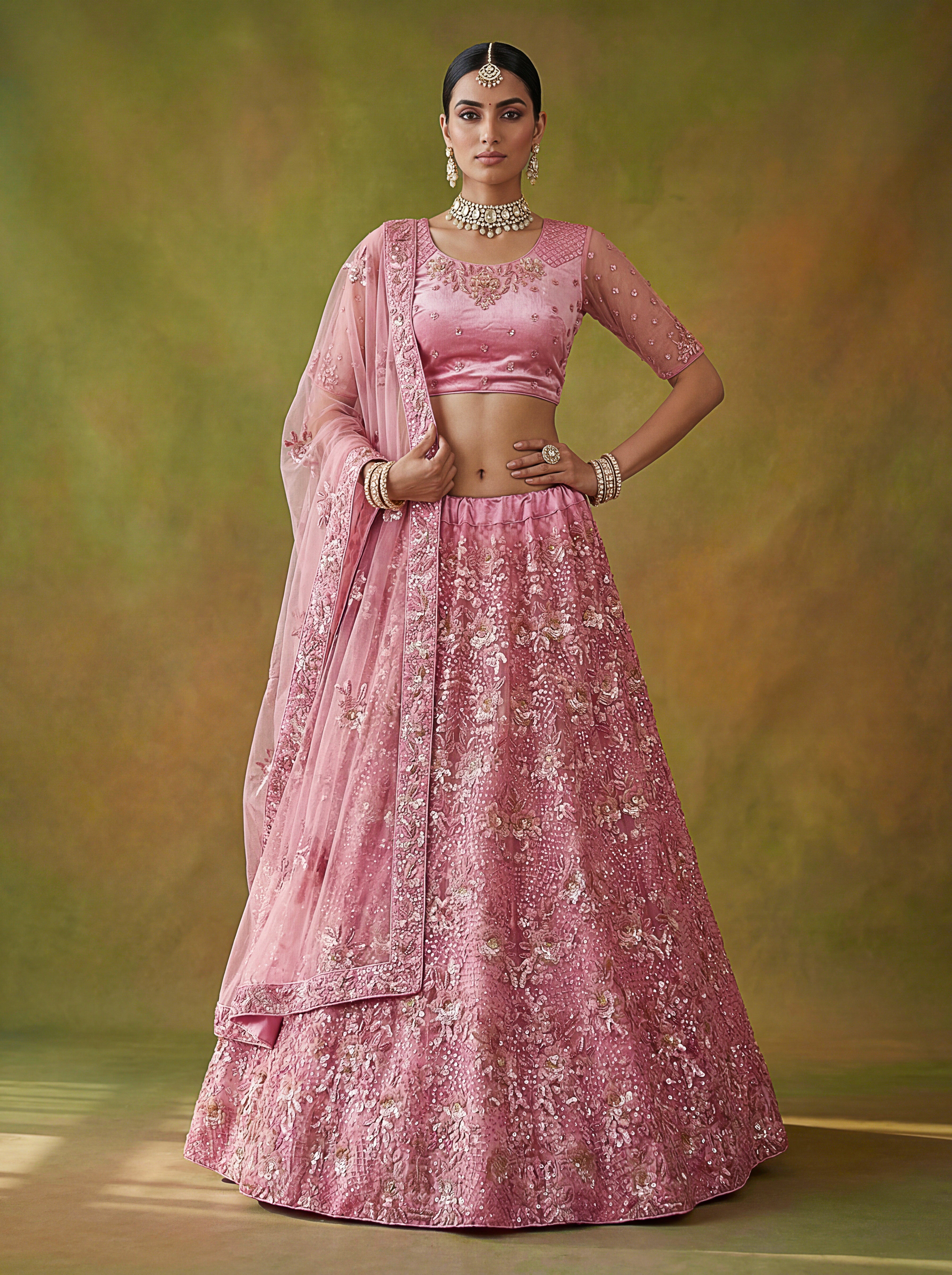 Pink Net Lehenga Choli With Fancy Multi Heavy Thread Embroidery With Sequins Work