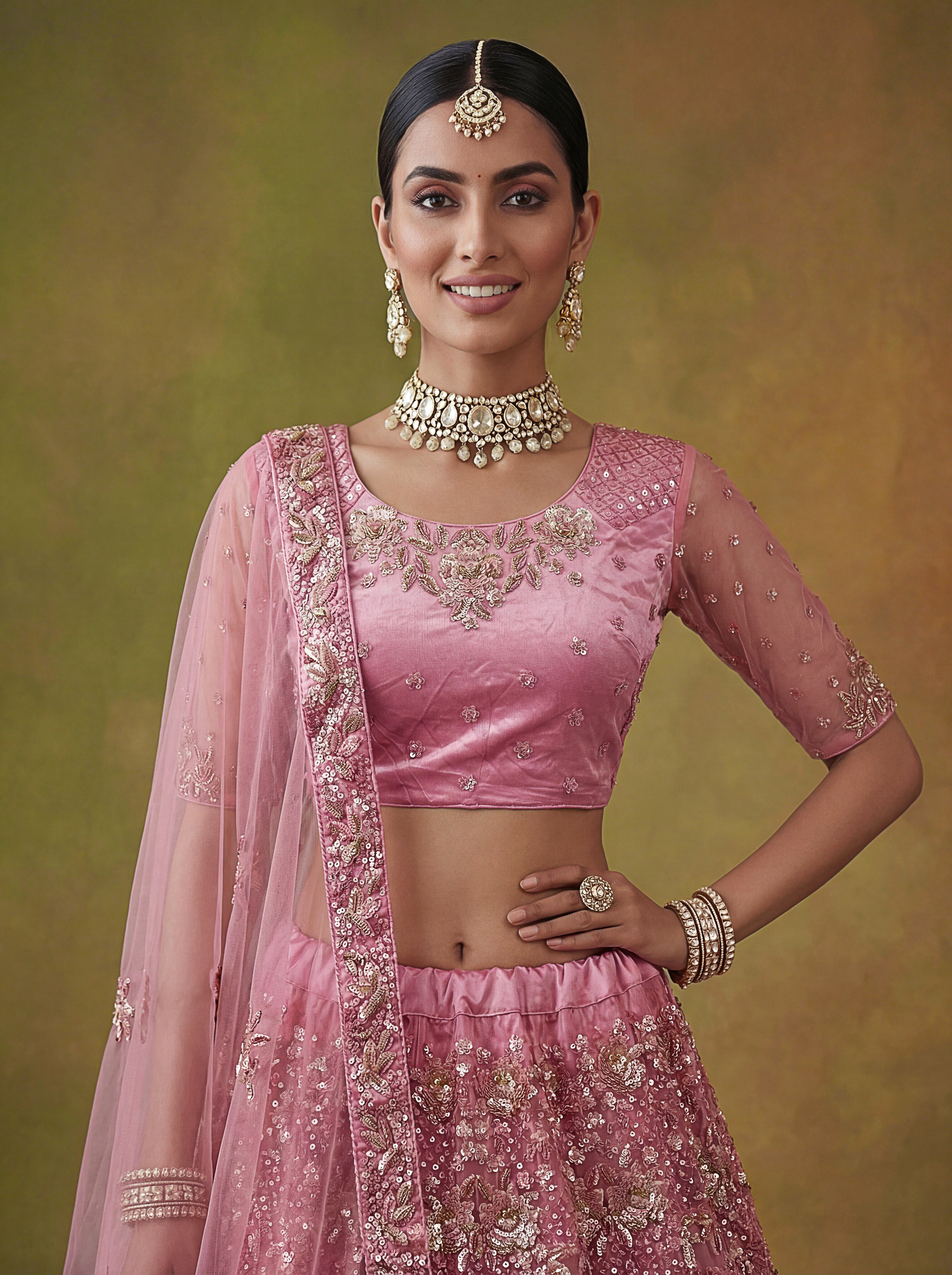 Pink Net Lehenga Choli With Fancy Multi Heavy Thread Embroidery With Sequins Work