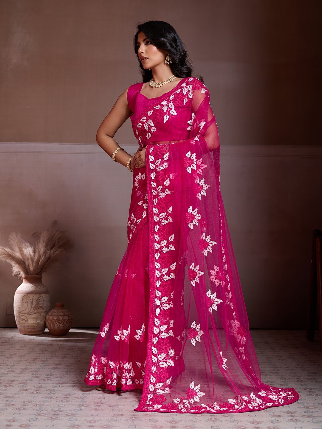Pink Net Saree With Embroidery Elegant Designer Saree