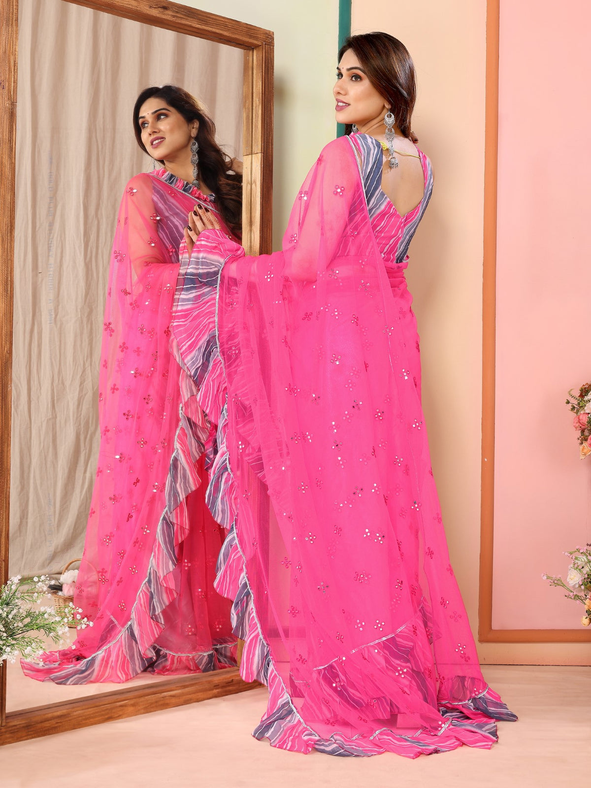 Pink Net Saree with Mirror Work & Ruffle with Leheriya Blouse