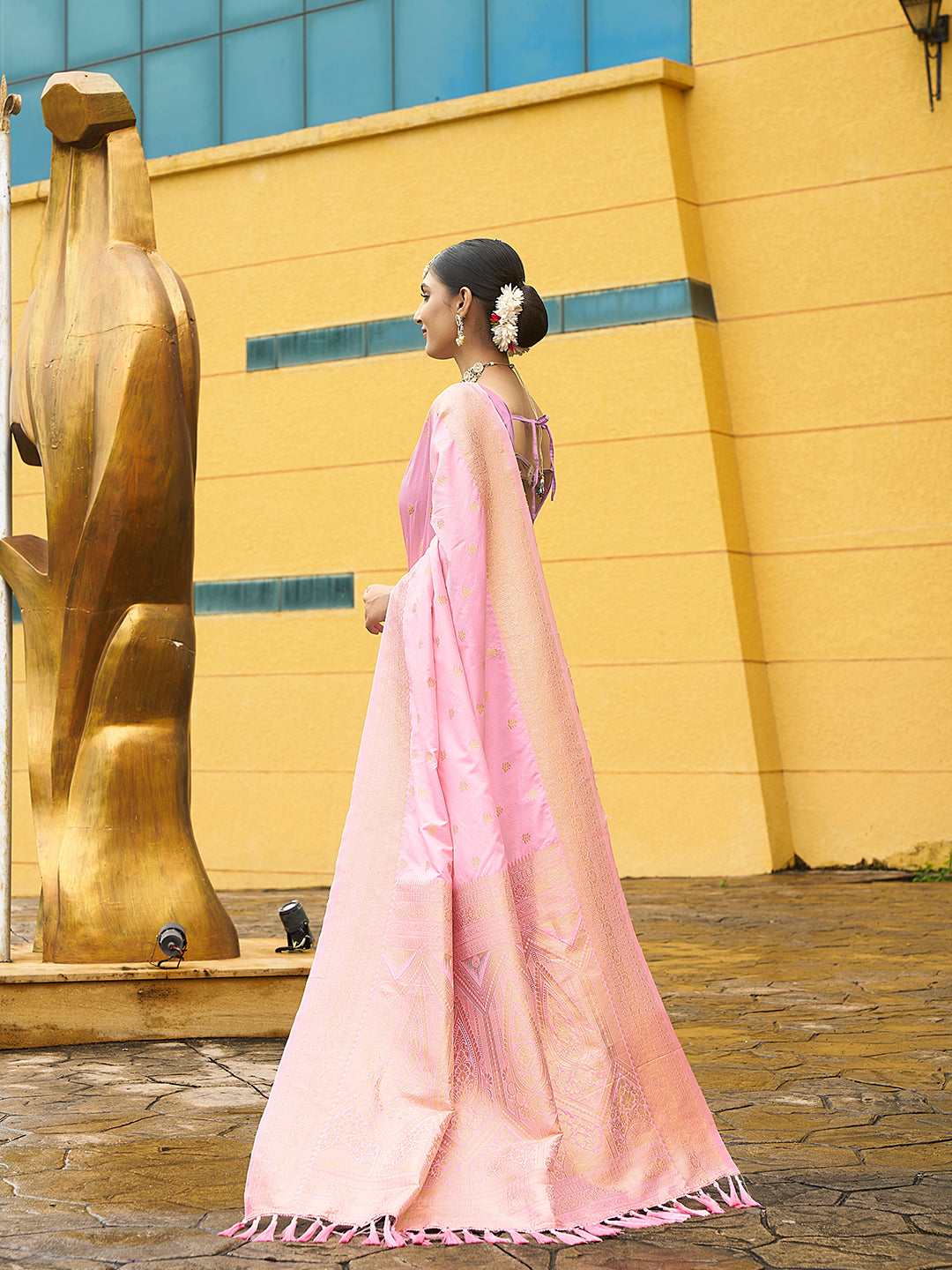 Pink Nylon Banarasi Woven Jacquard Designer Ethnic Indian Traditional Look Saree