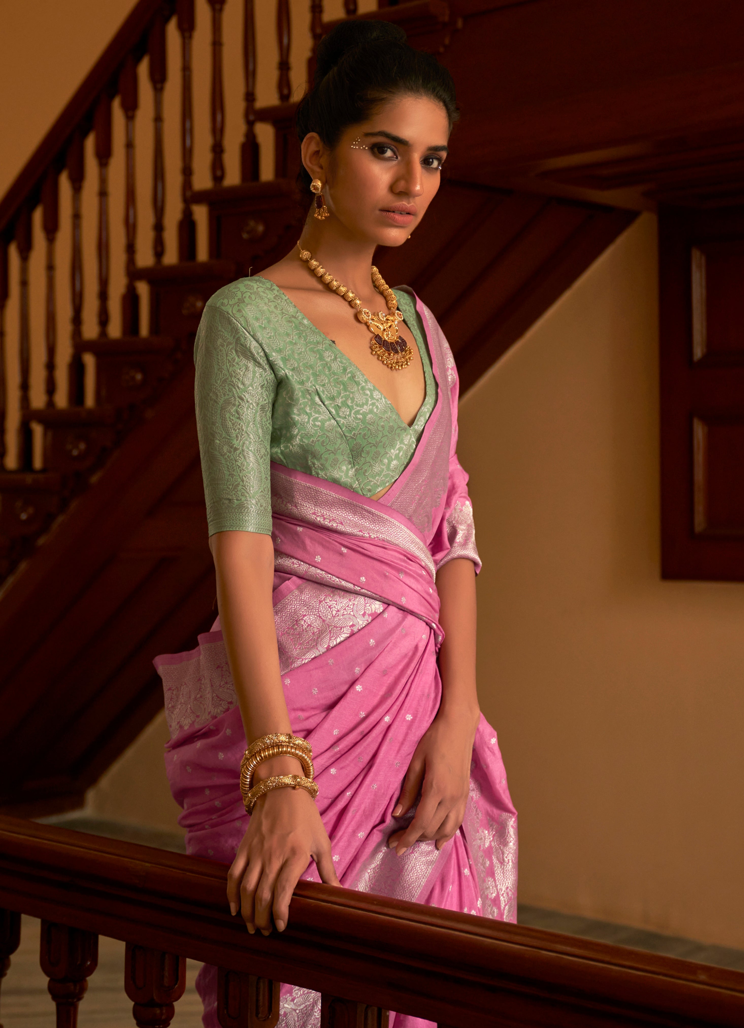 Pink Nylon Saree With  Jacquard Woven Work