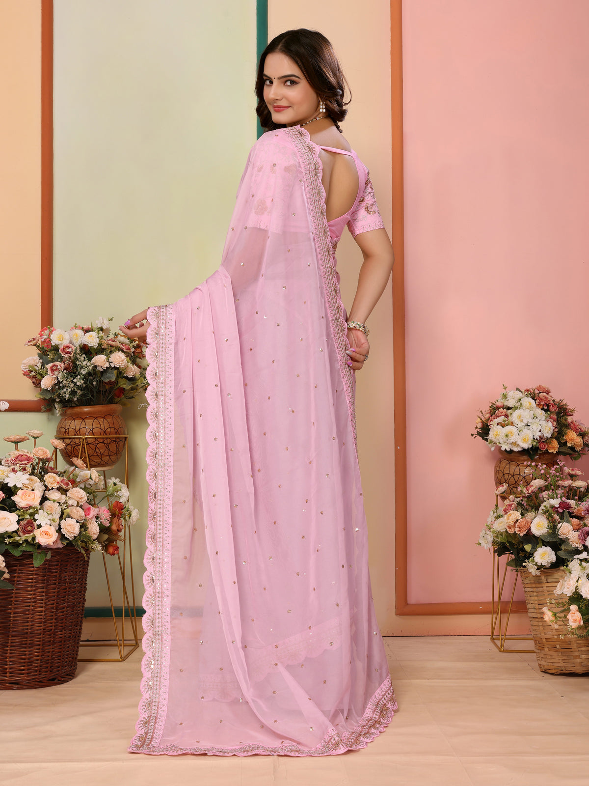 Pink Organza Designer Embroidery Work Patywear Saree
