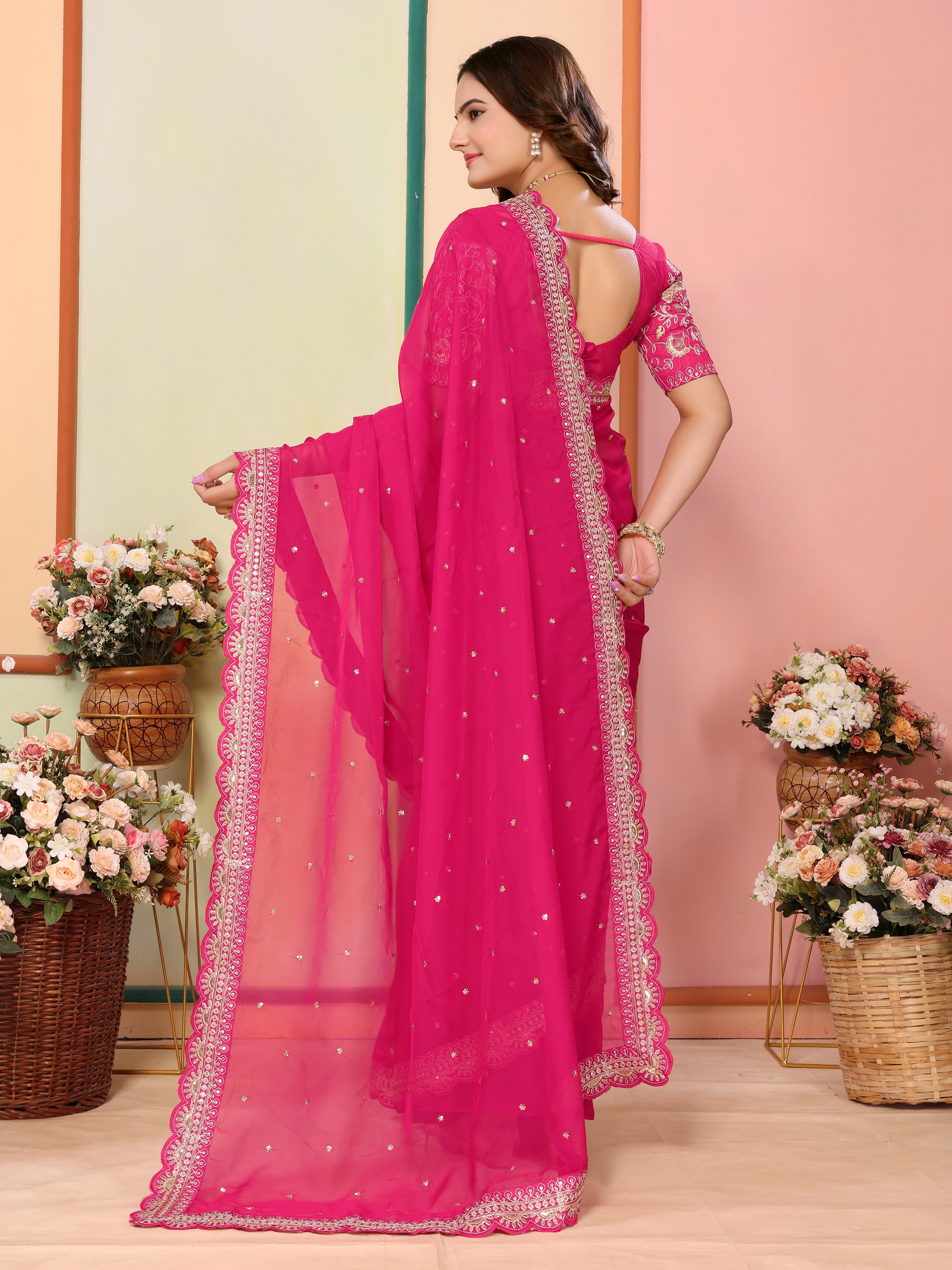 Pink Organza Designer Embroidery Work Patywear Saree