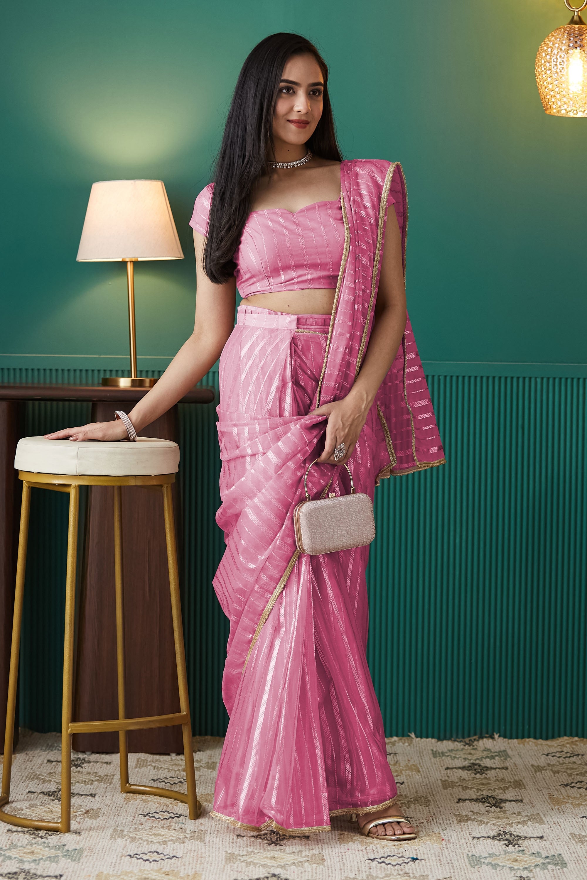 Pink Organza Designer Foil Printed Partywear Saree