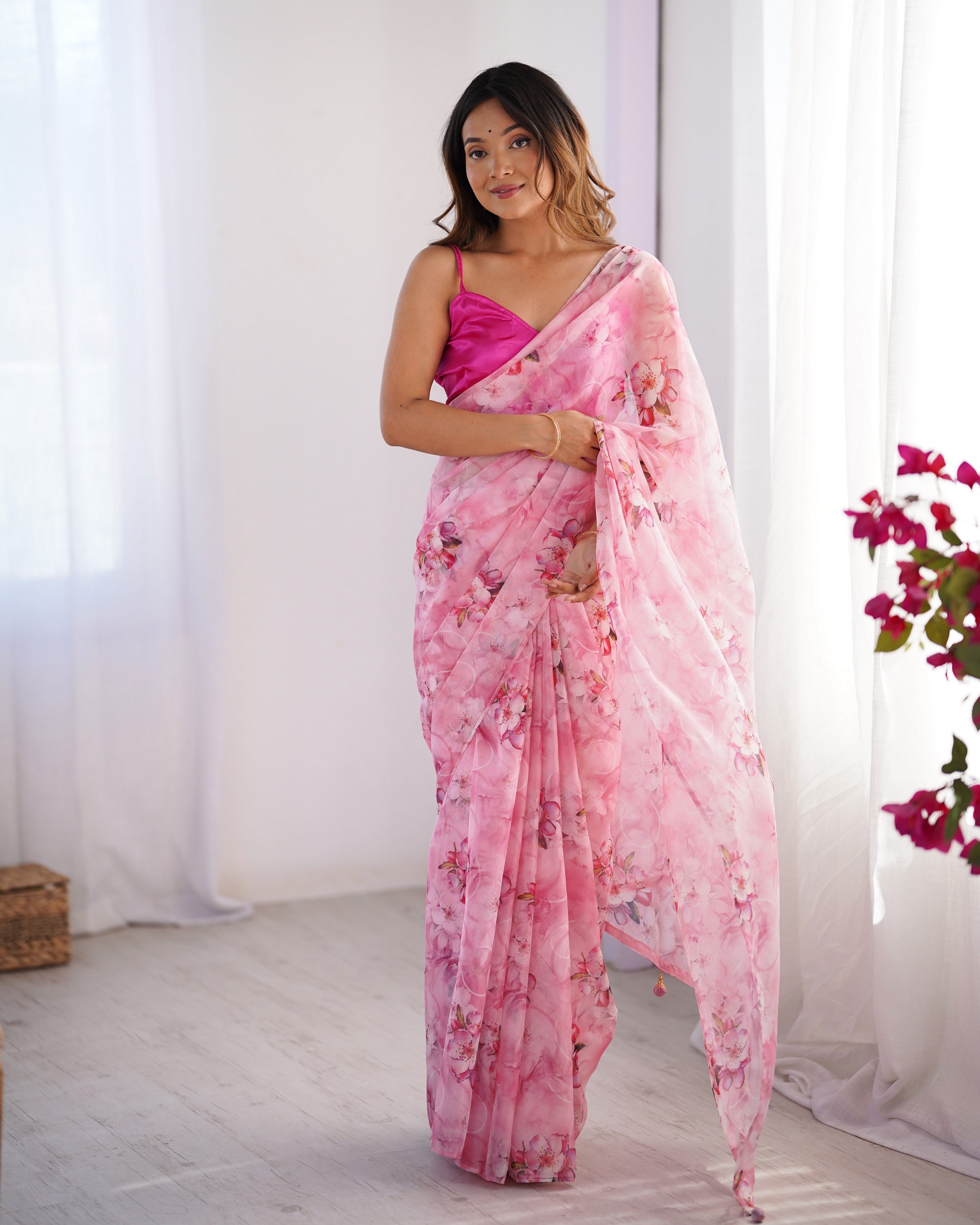 Pink Organza Designer Printed Fancy Partywear Saree
