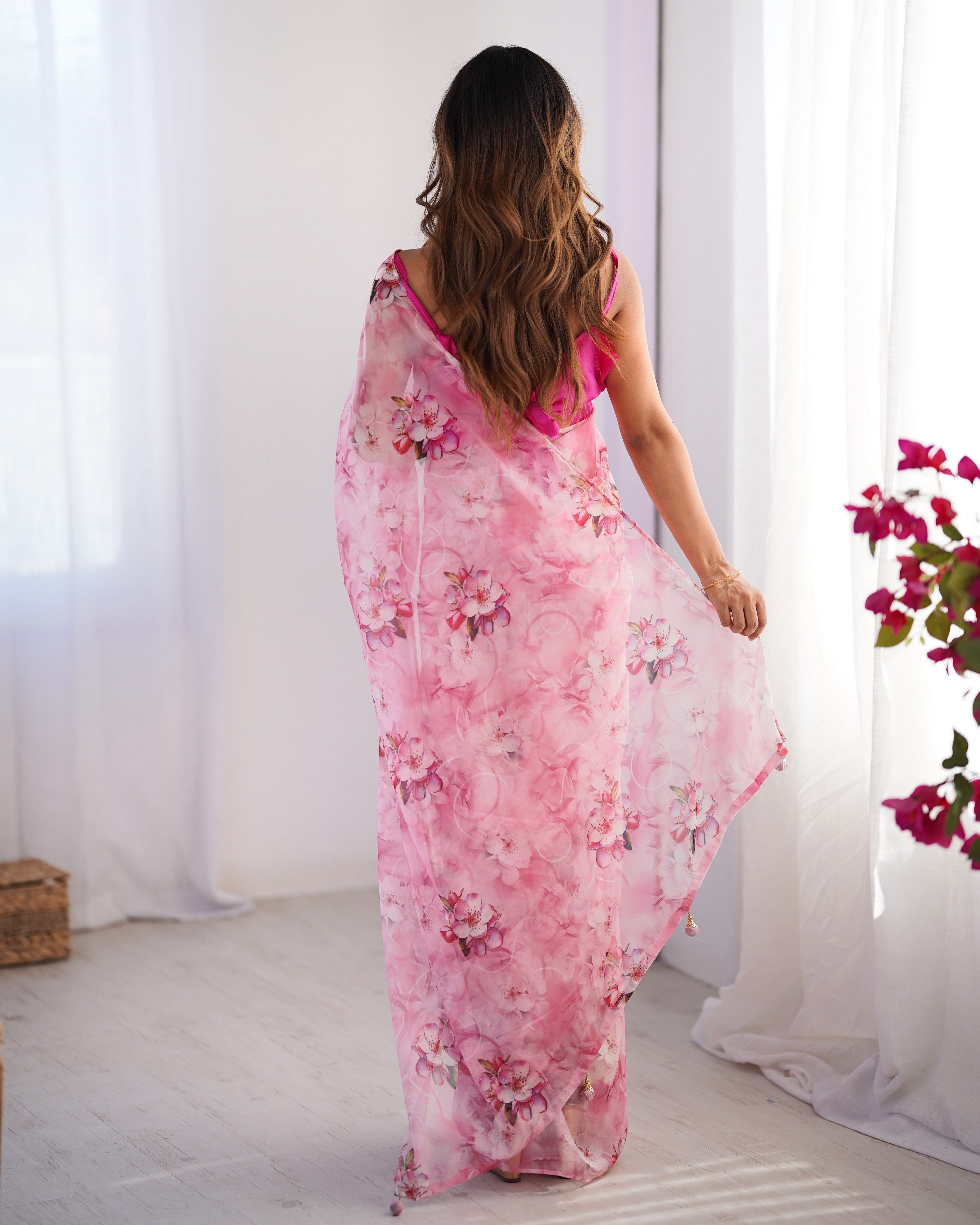 Pink Organza Designer Printed Fancy Partywear Saree