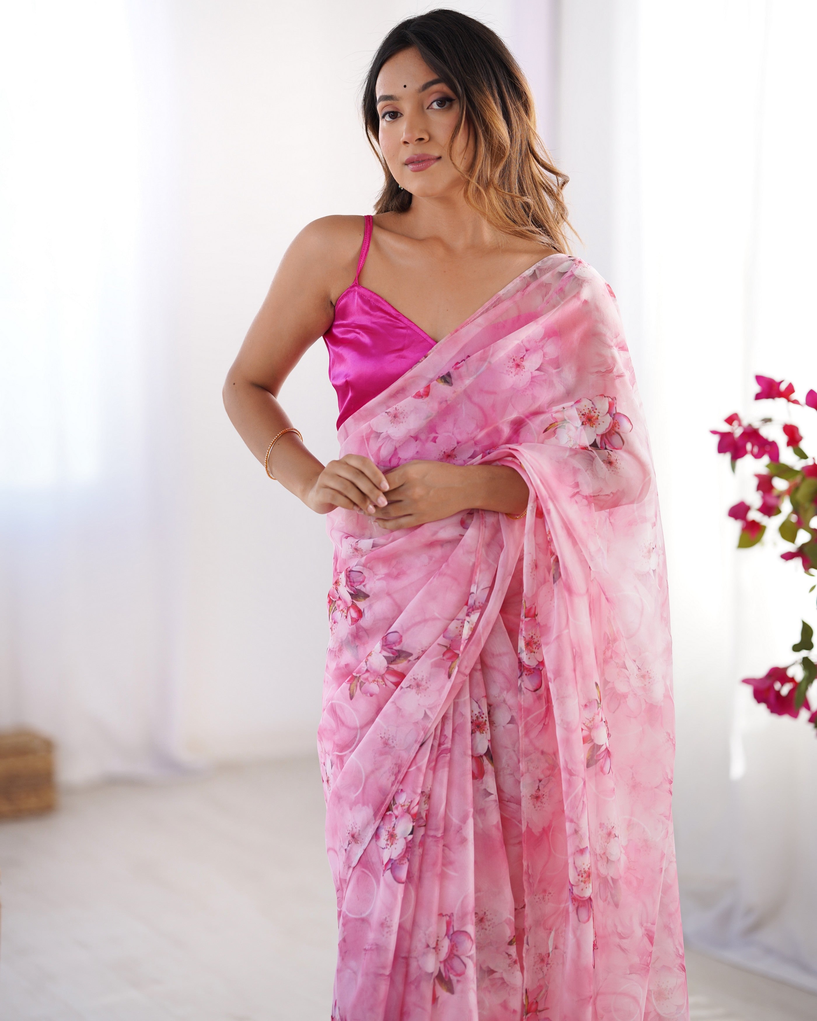 Pink Organza Designer Printed Fancy Partywear Saree