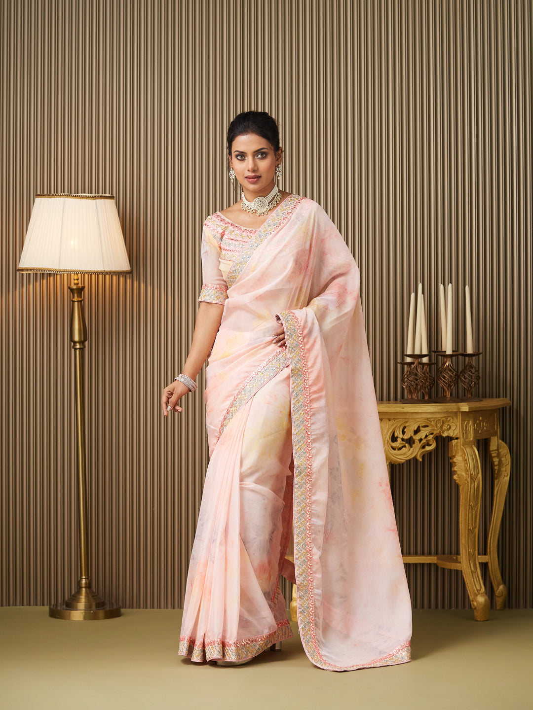Pink Organza Embroidered Embellished Work Ceremonial Saree