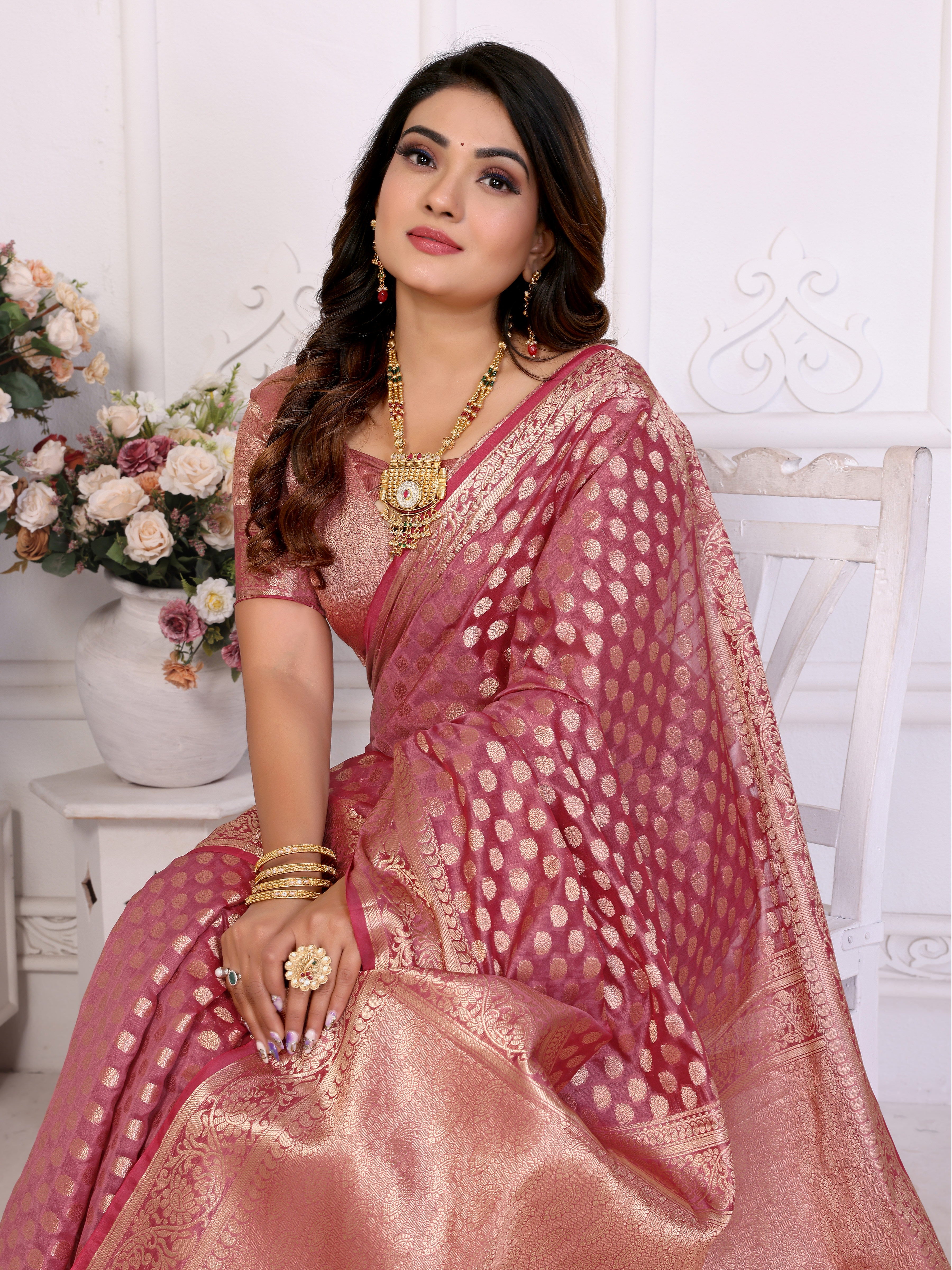 Pink Organza Gold Zari Designer Ceremonial Saree