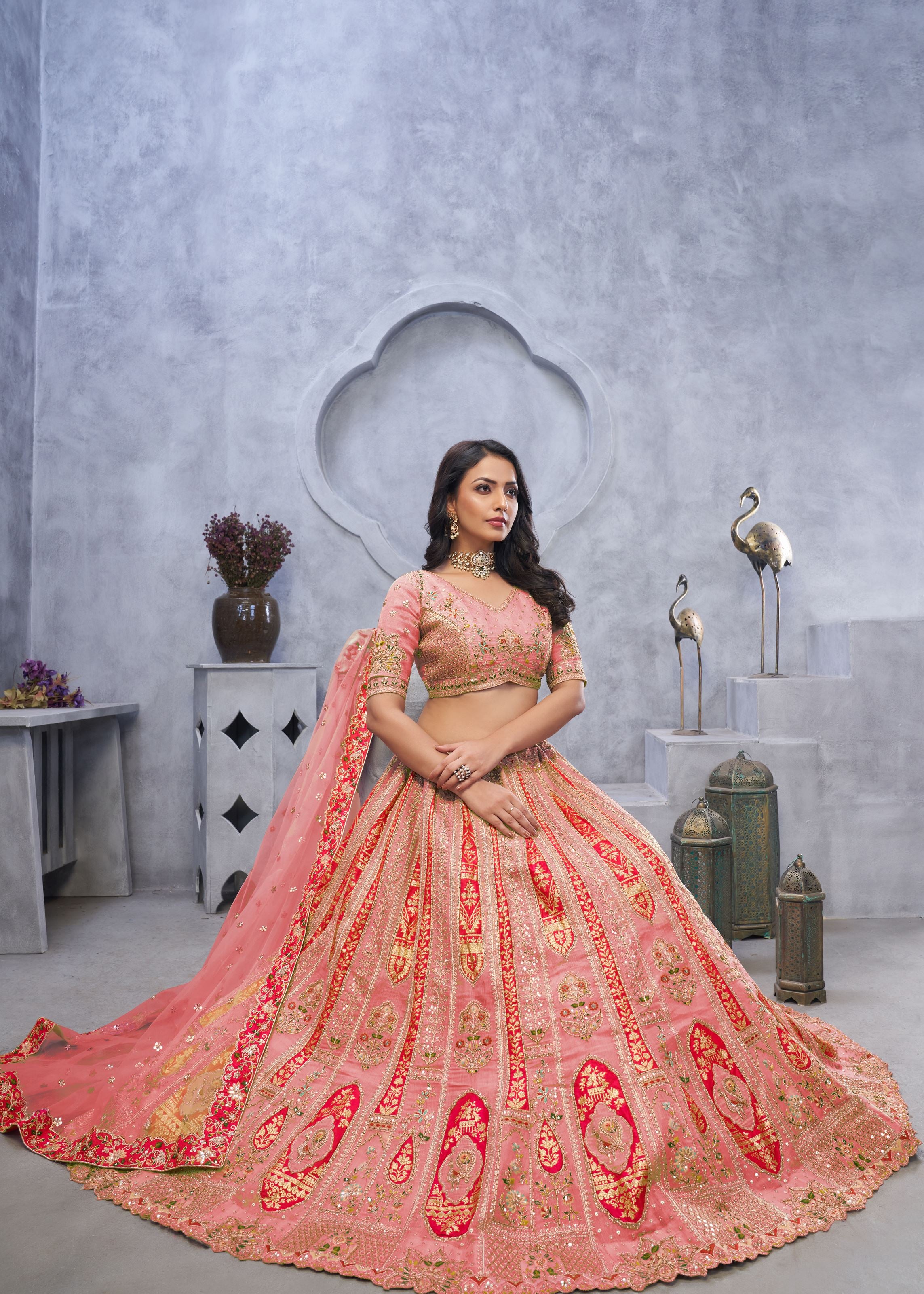 Pink Organza Silk Intricate Paisley Motifs Traditional Embroidered Wedding Lehenga Choli With Soft Net Dupatta