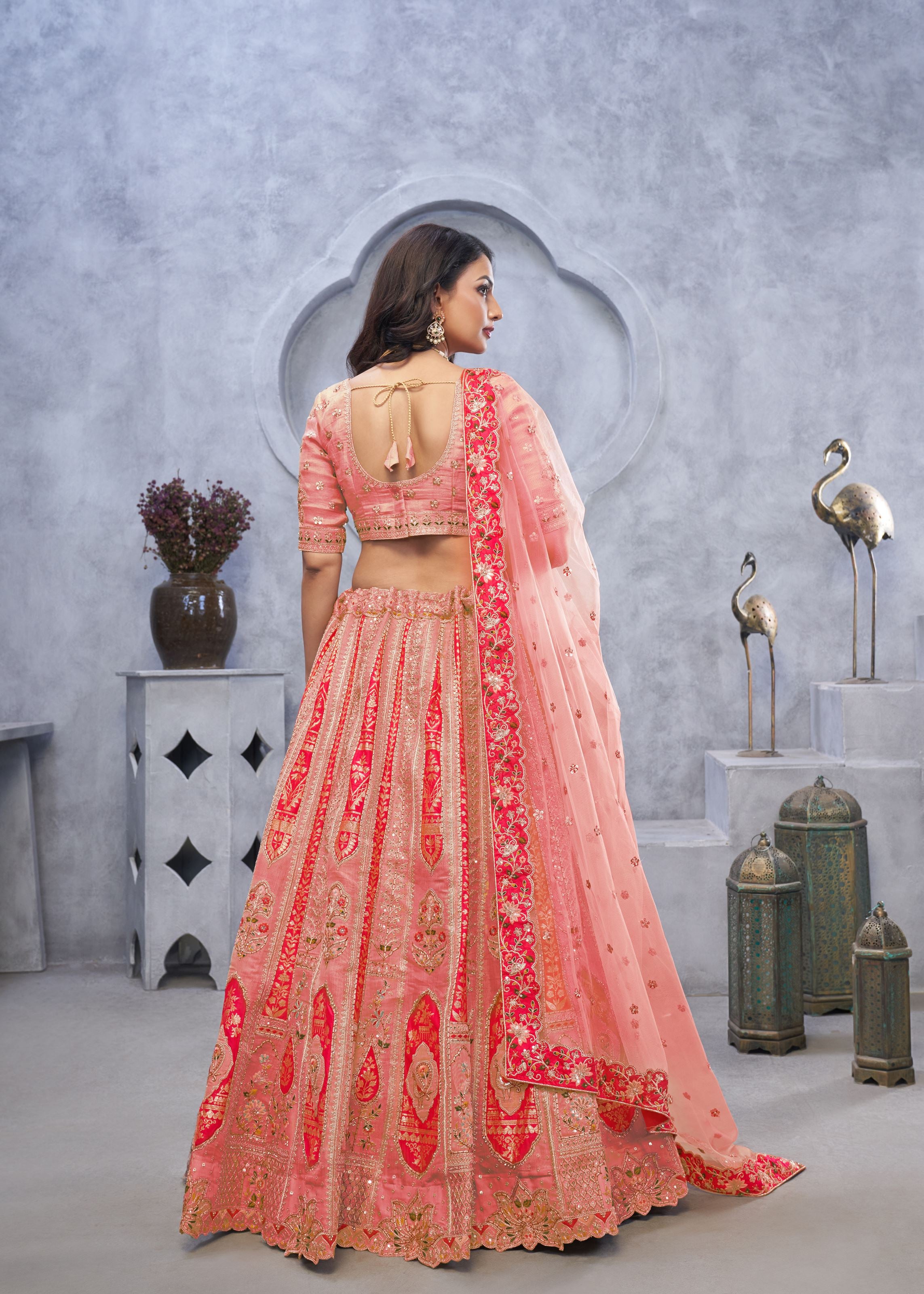 Pink Organza Silk Intricate Paisley Motifs Traditional Embroidered Wedding Lehenga Choli With Soft Net Dupatta