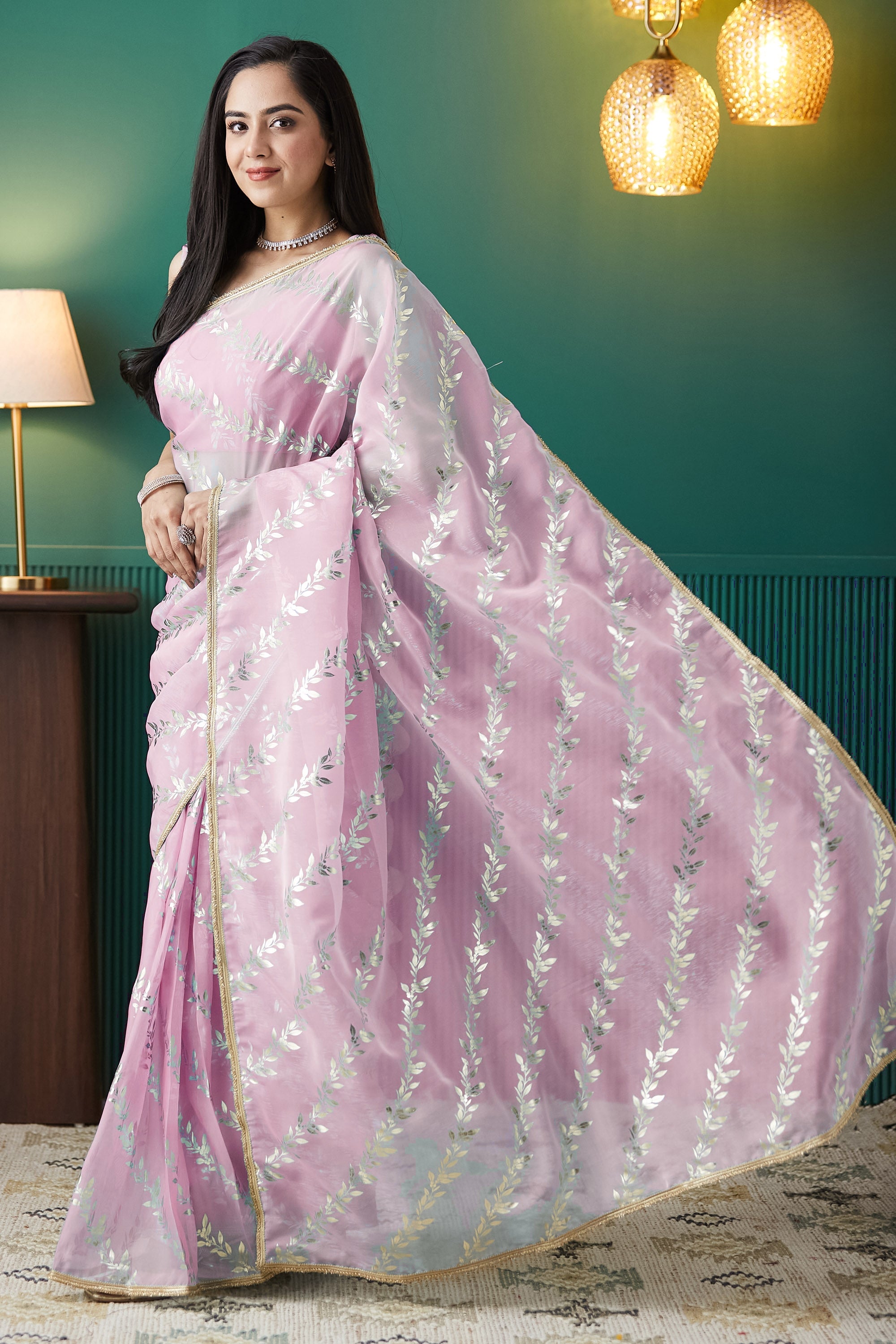 Pink Organza Solid Designer Foil Printed Saree