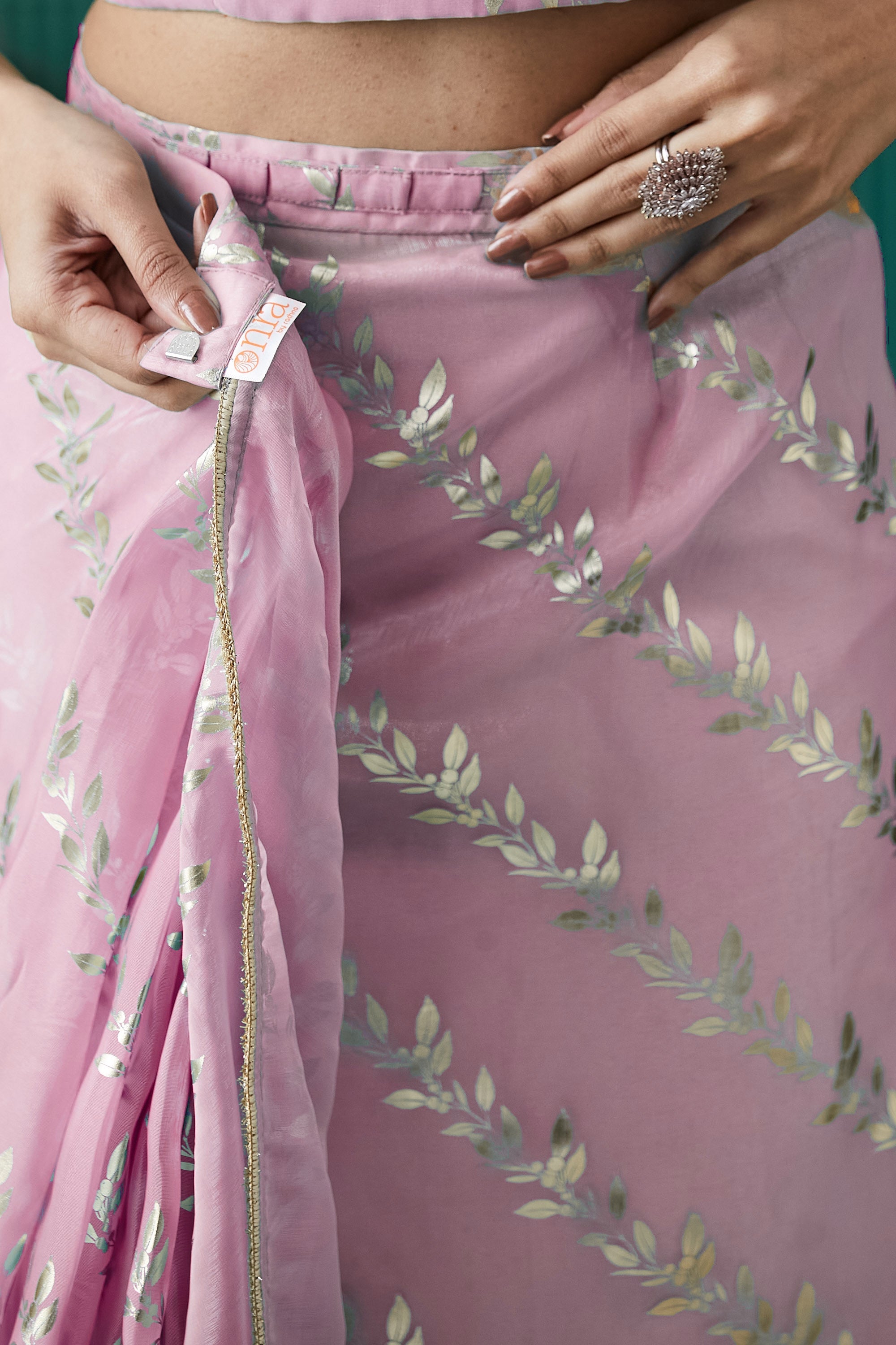 Pink Organza Solid Designer Foil Printed Saree