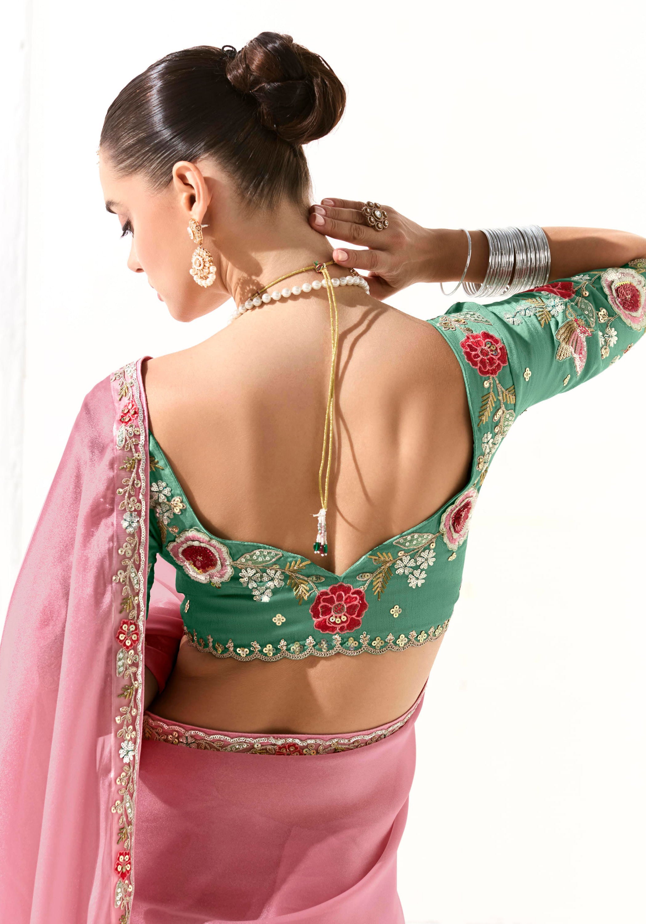 Pink Organza Tissue Saree With  Heavy Work Border With Embroidered Blouse