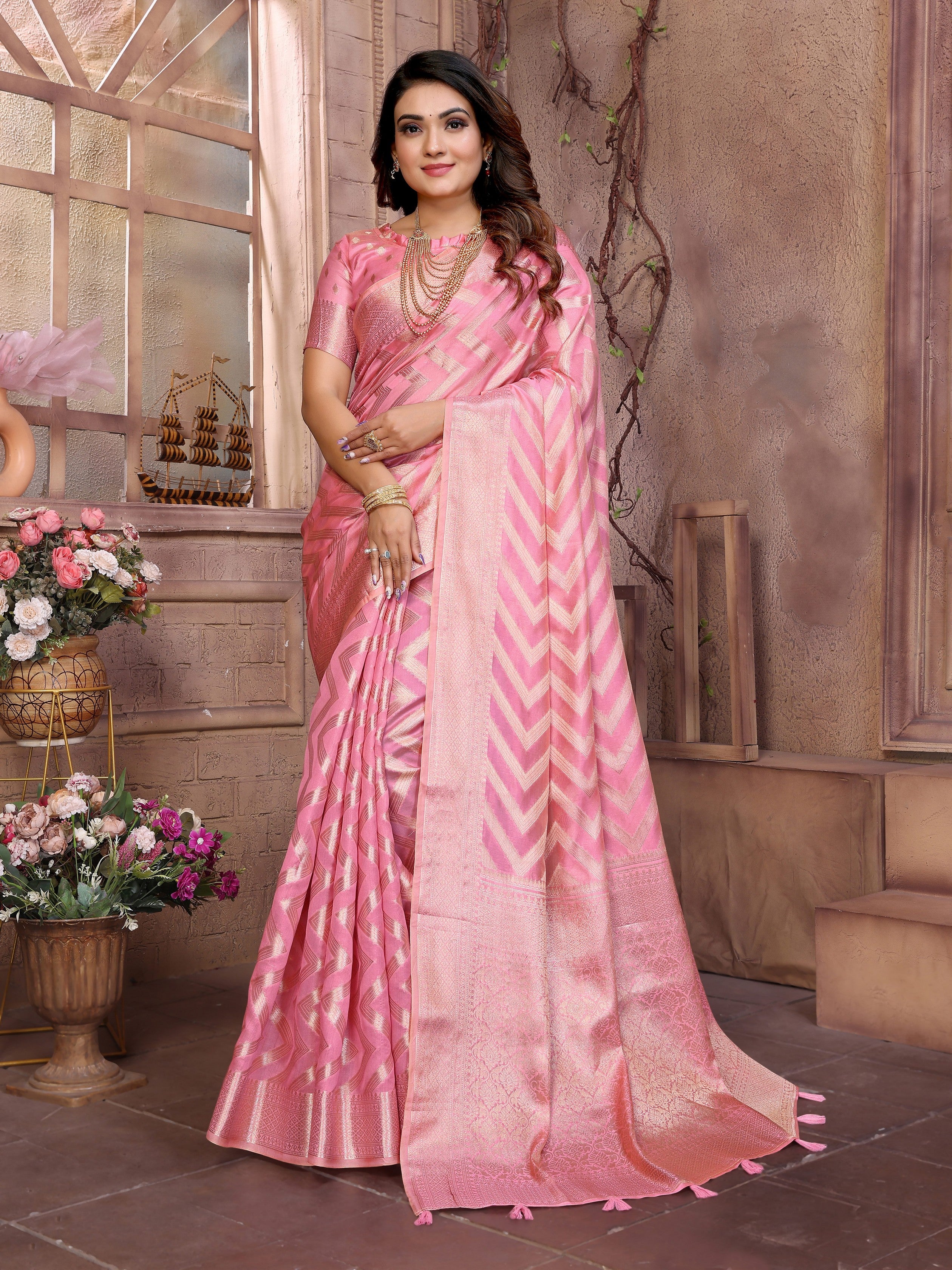 Pink Organza Woven Jari Designer Heavy Ceremonial Saree