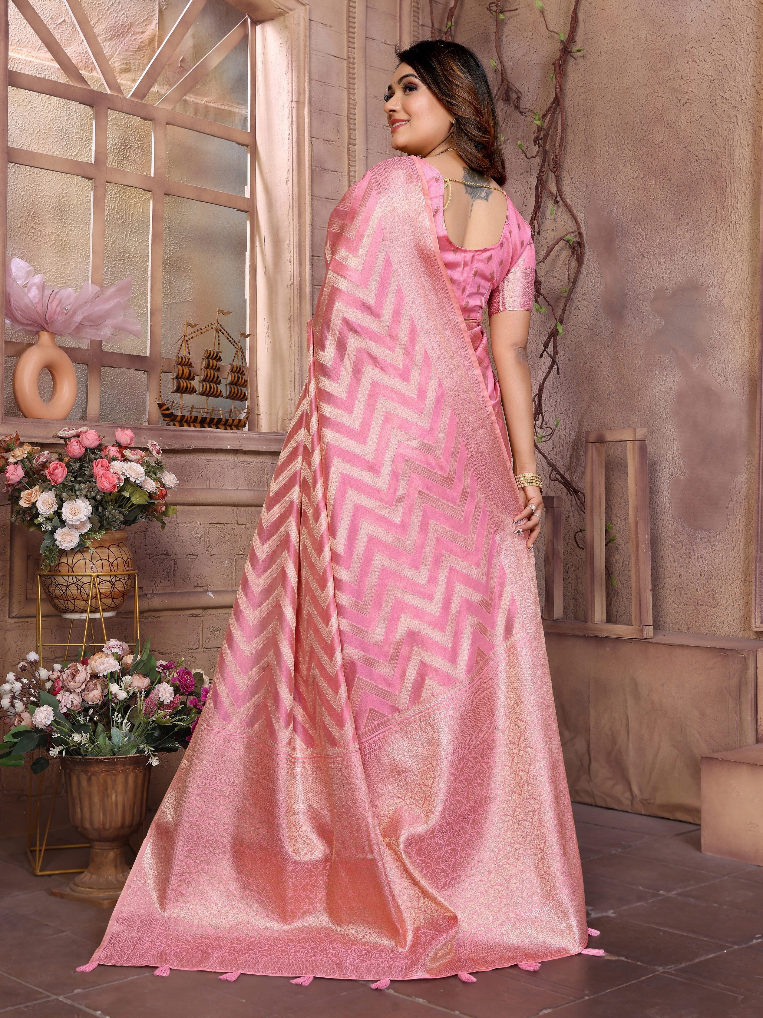 Pink Organza Woven Jari Designer Heavy Ceremonial Saree