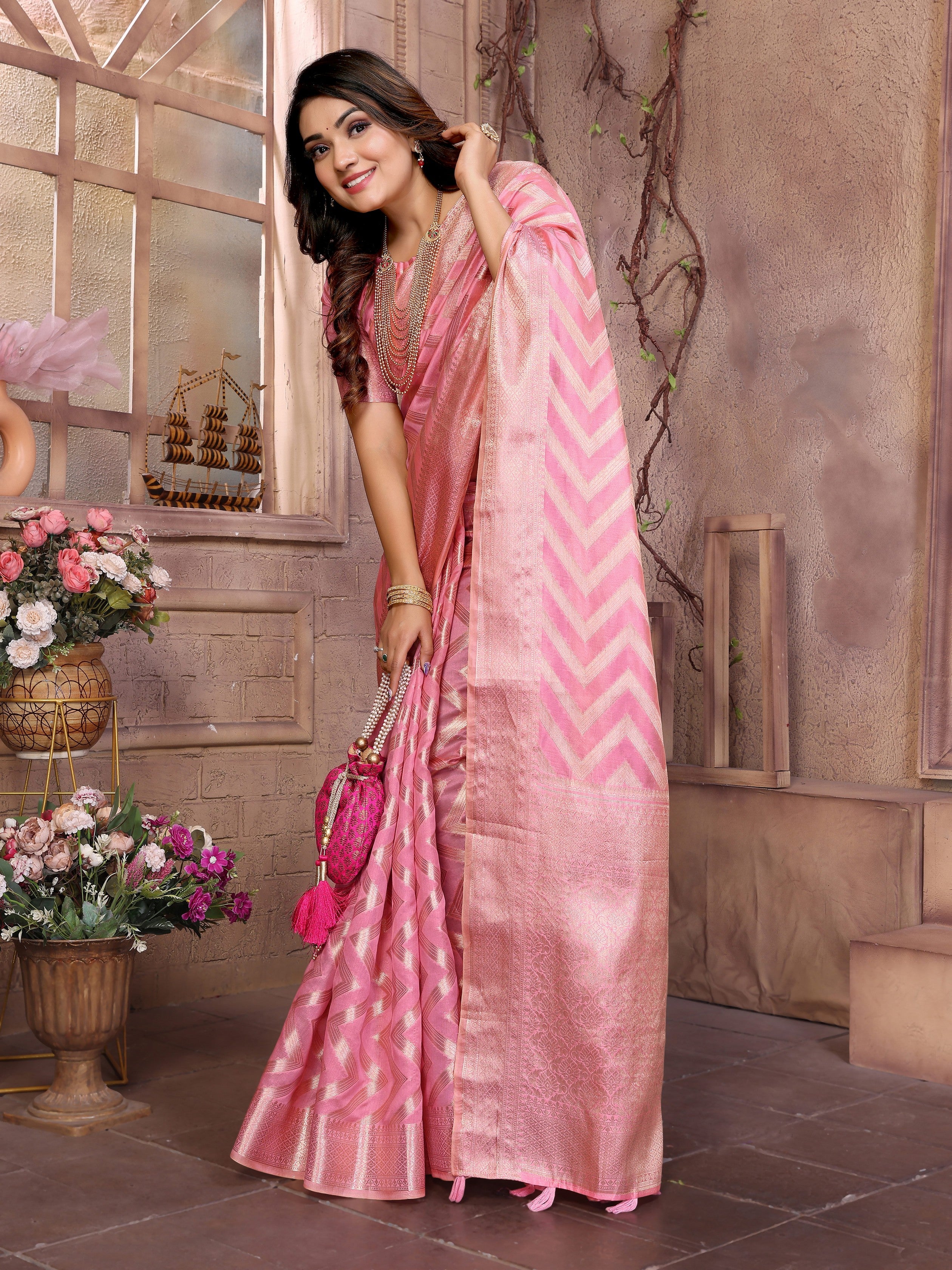 Pink Organza Woven Jari Designer Heavy Ceremonial Saree