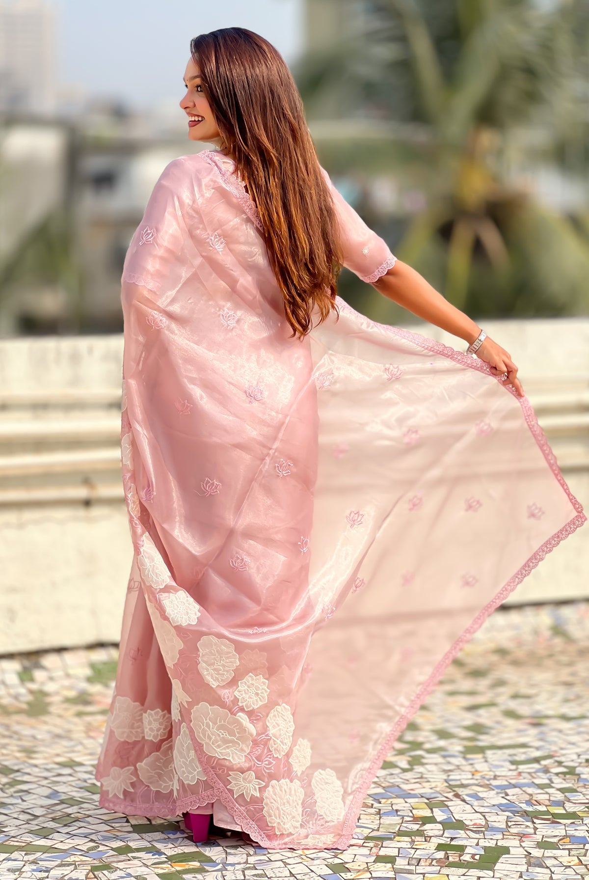 Pink Oris Silk Saree with Elegant Lotus Embroidery Design