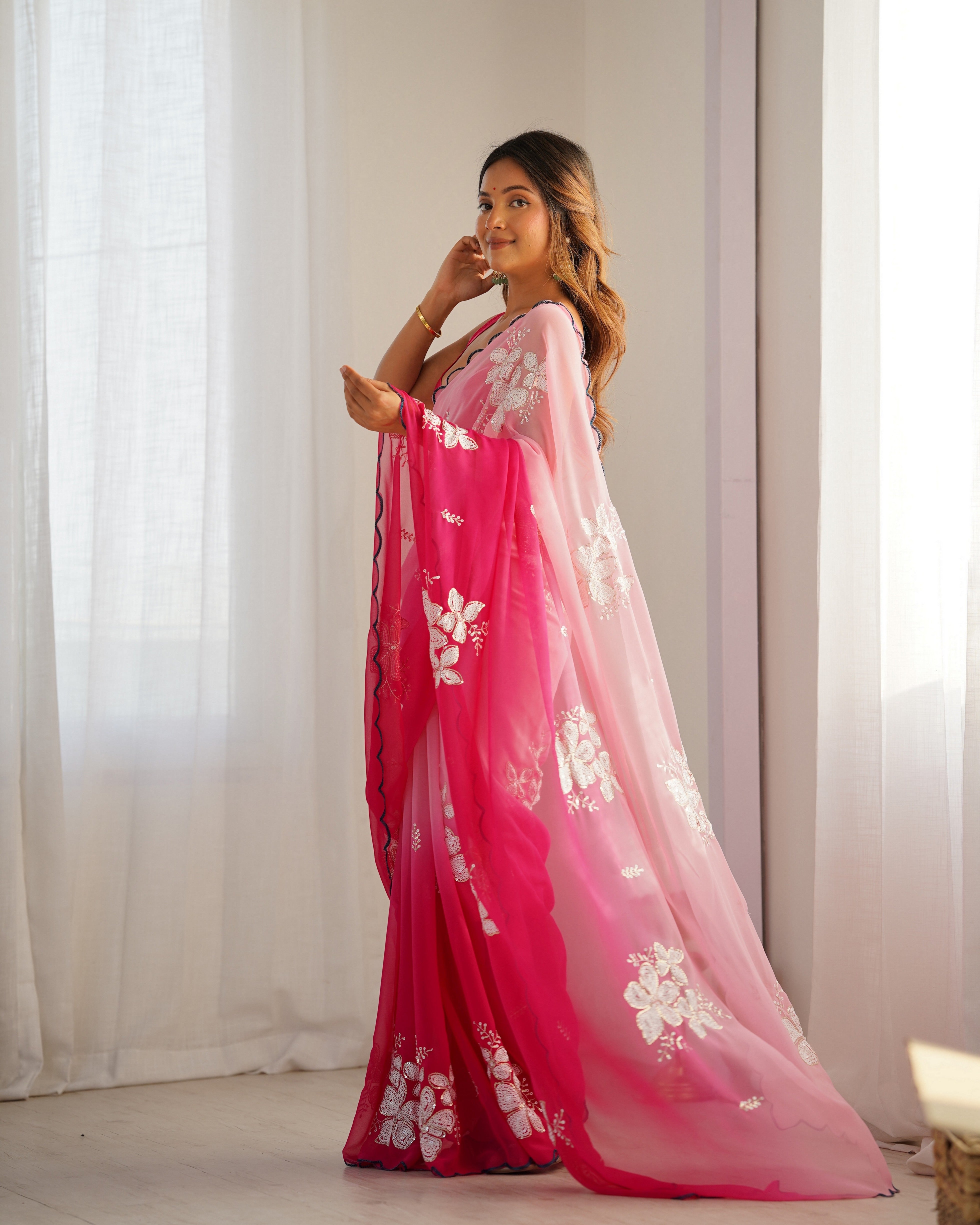 Pink Padding Georgette Sequins Embroidered Saree