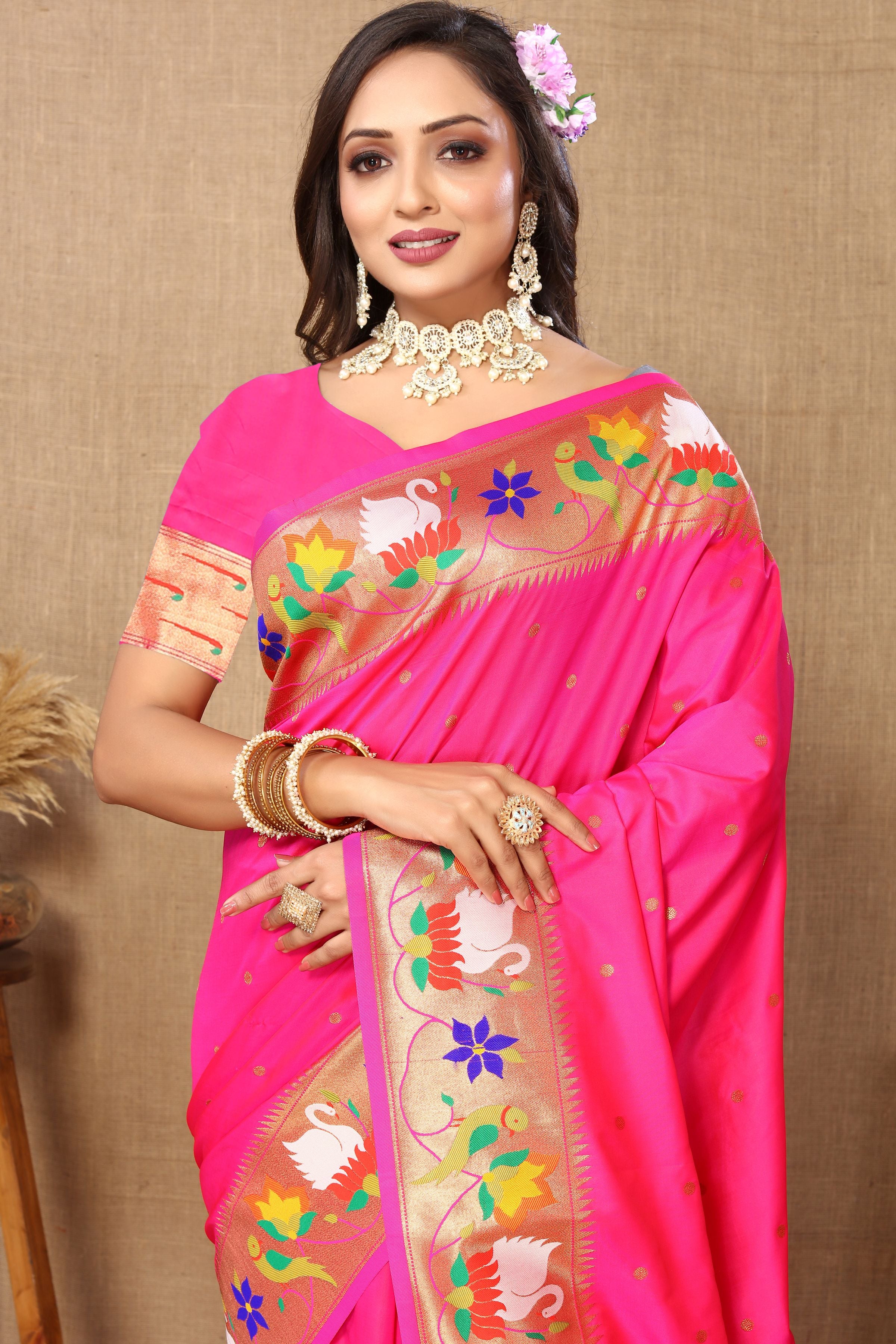 Pink Paithani Silk Woven Meenakari Paithani Designer Saree