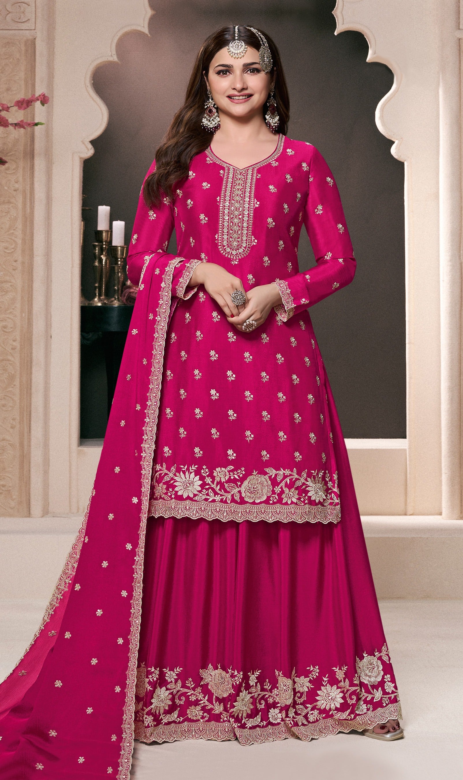 Pink Palazzo Style Salwar Suit With Heavy Embroidery Work
