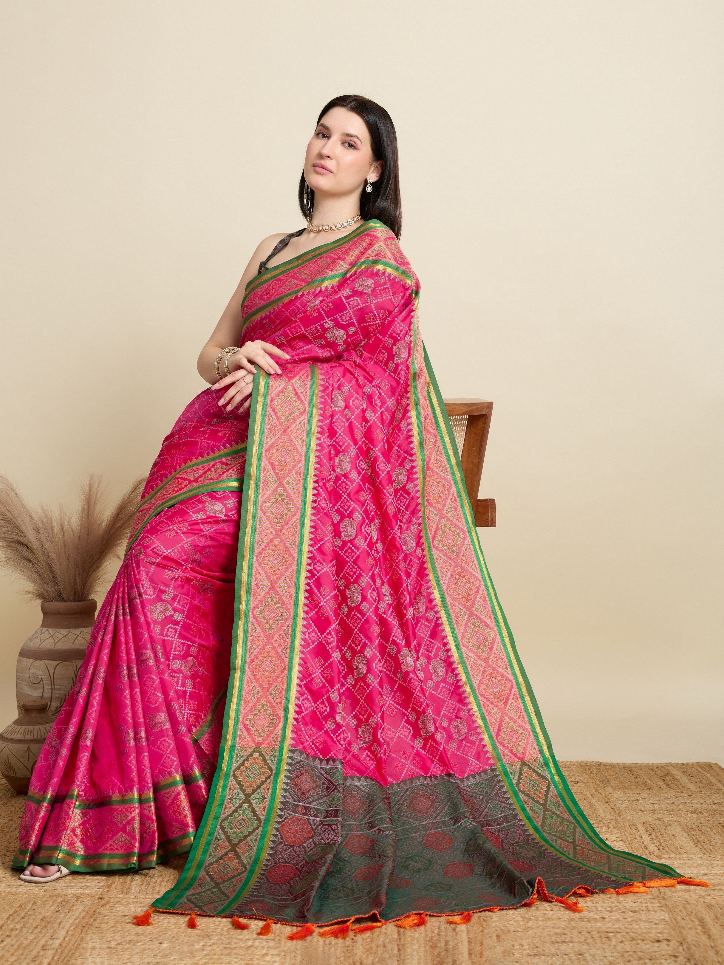 Pink Patola Silk Woven Meenakari Designer Partywear Saree