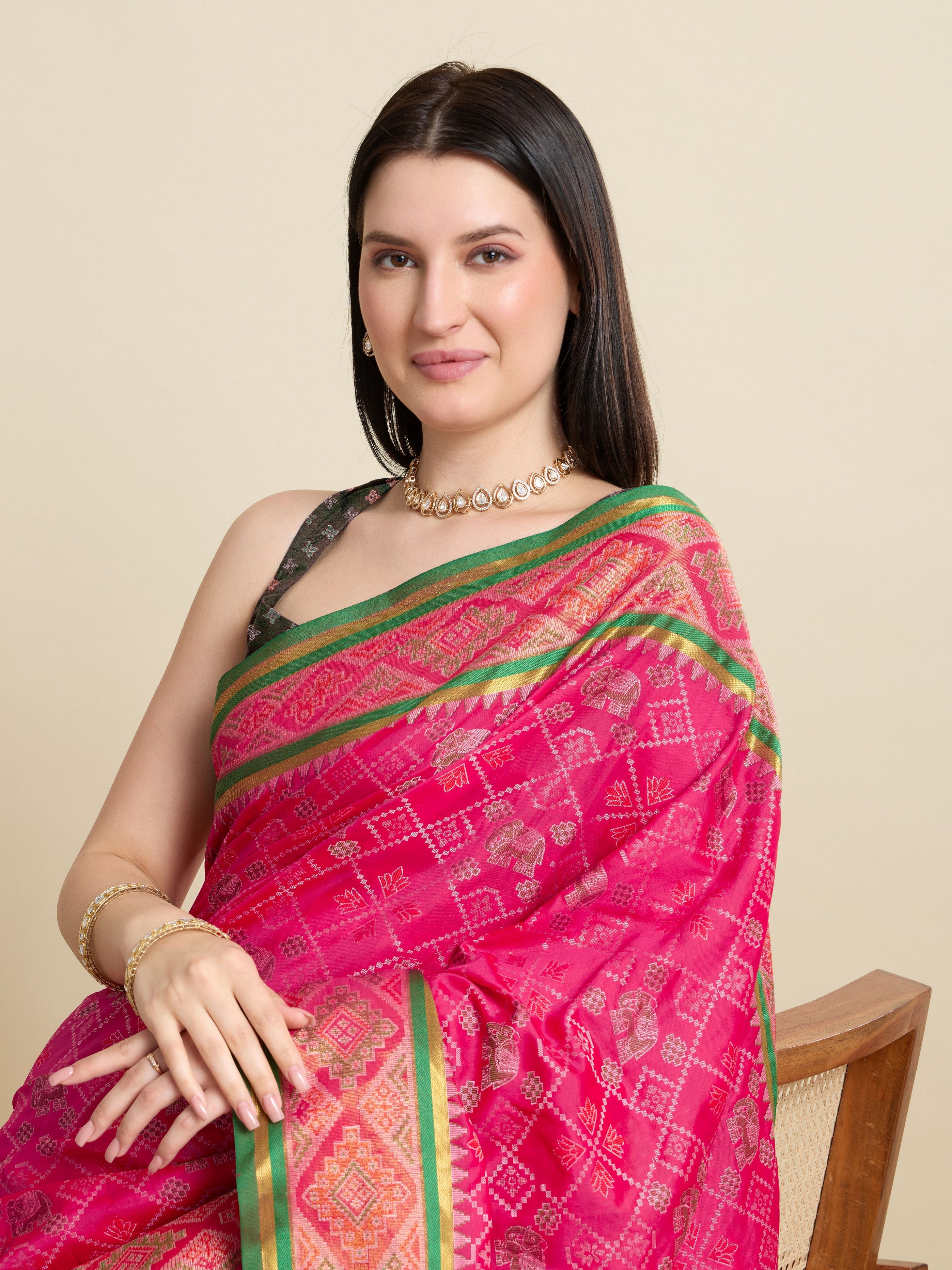 Pink Patola Silk Woven Meenakari Designer Partywear Saree