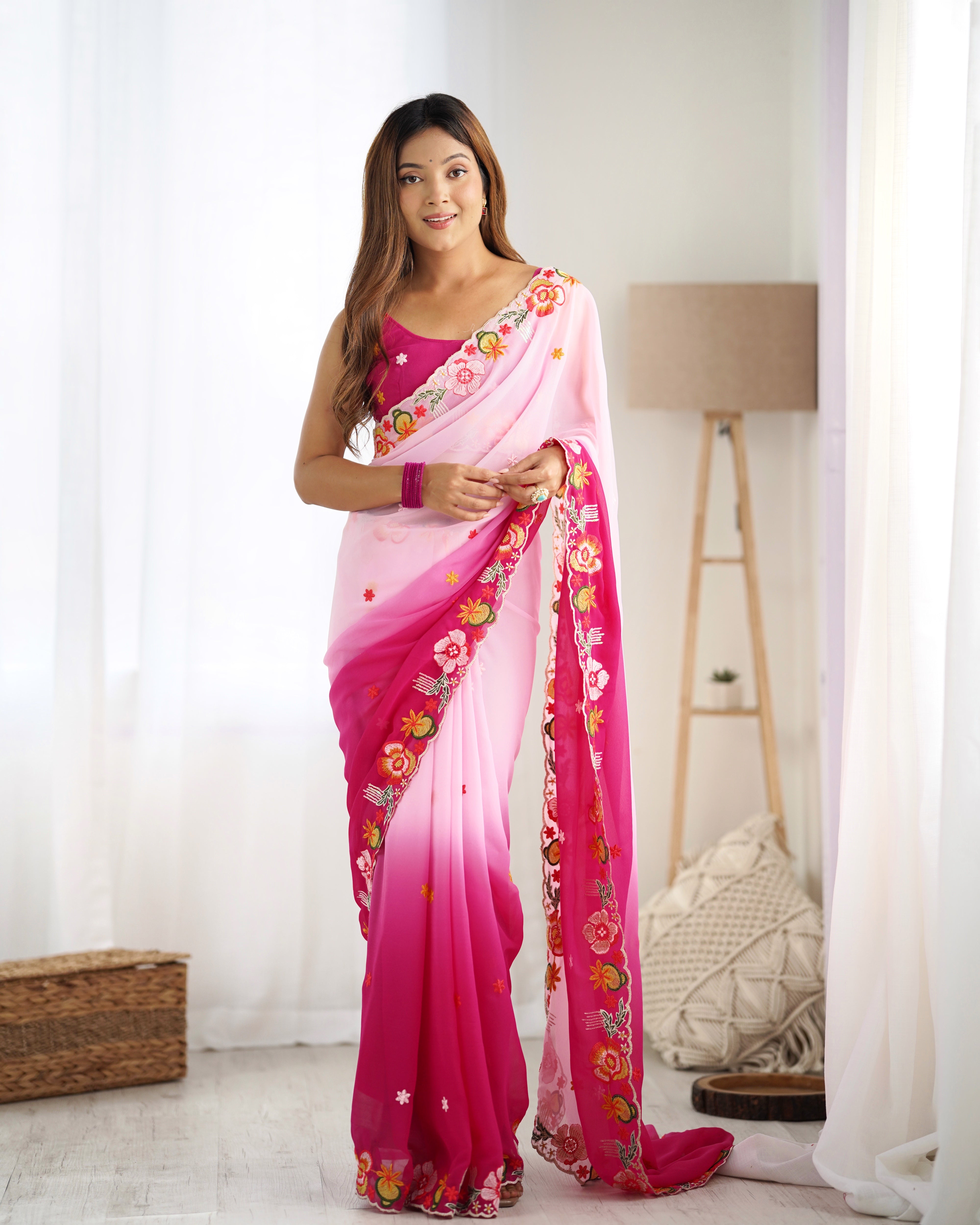 Pink Pedding With Embroidery Work Bollywood Style Georgette Saree