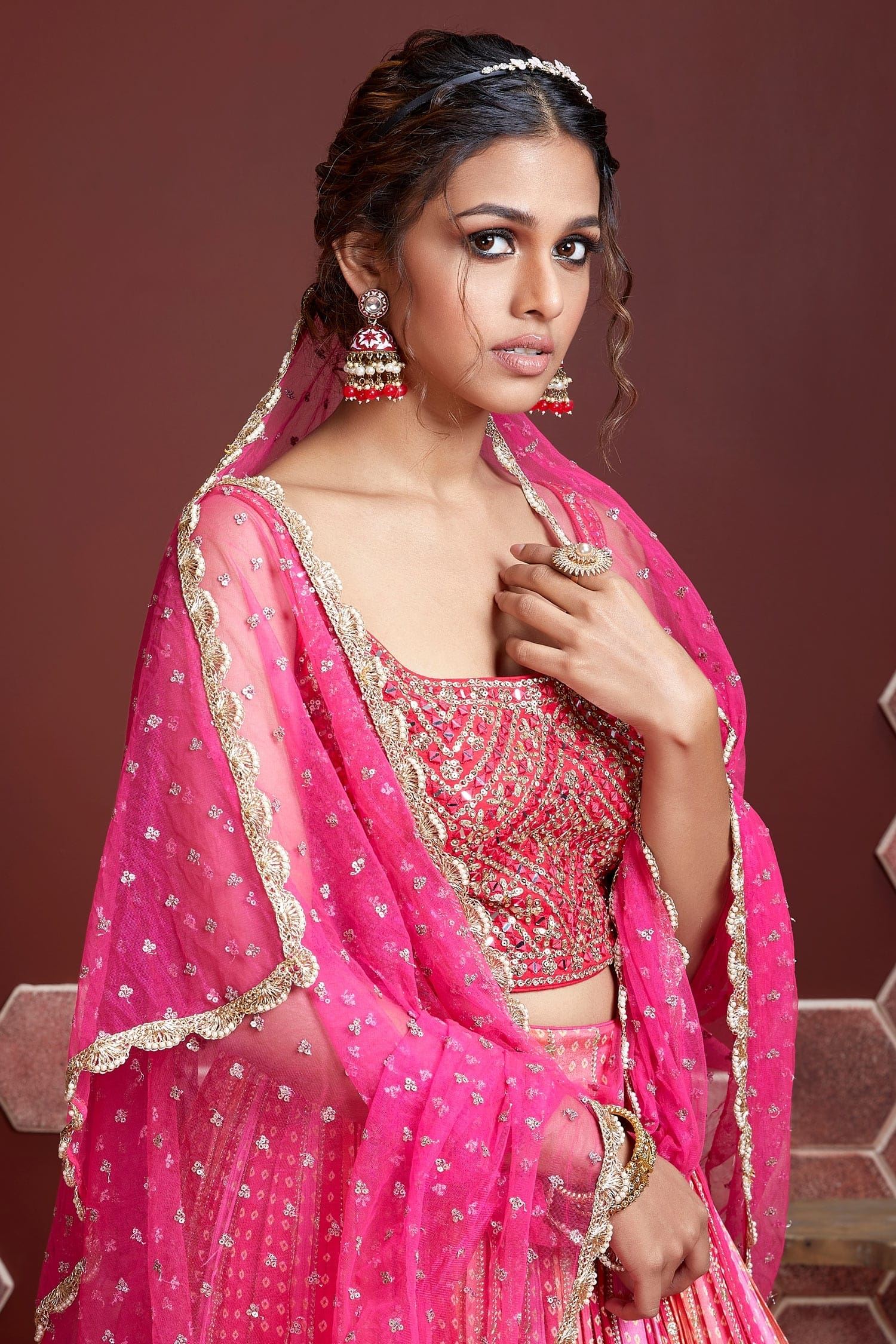 Pink Pure Chinnon Silk Lehenga Choli With Digital Position Print and Heavy Embroidery with Real mirror work