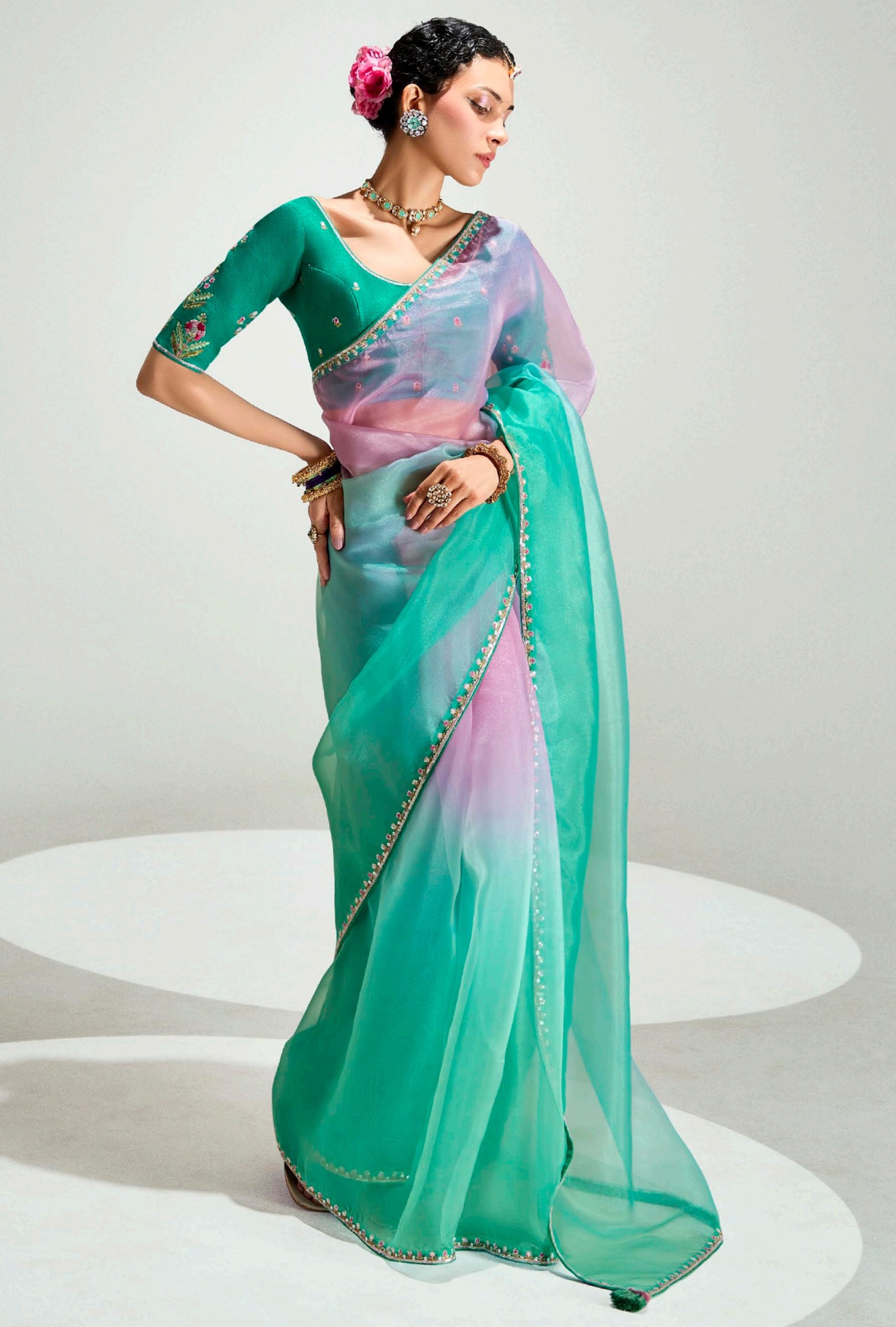 Pink  Rama Organza Saree with Embroidered Blouse