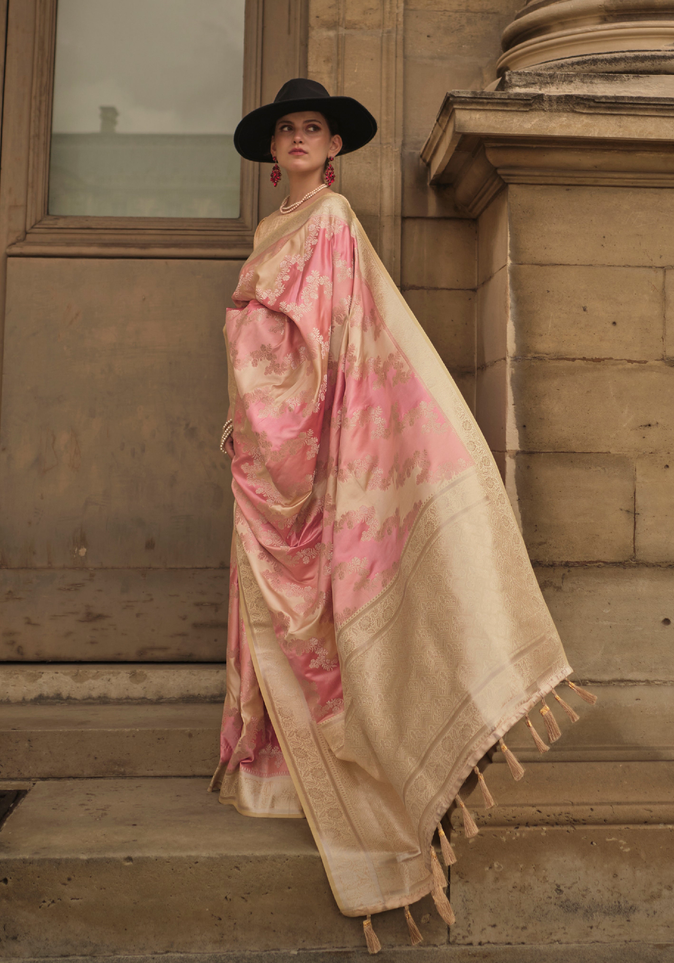 Pink Ranghat Satin Saree With  Woven Work