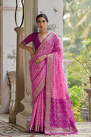 Pink Raw Silk Saree with Ikkat Design and Contrast Pallu