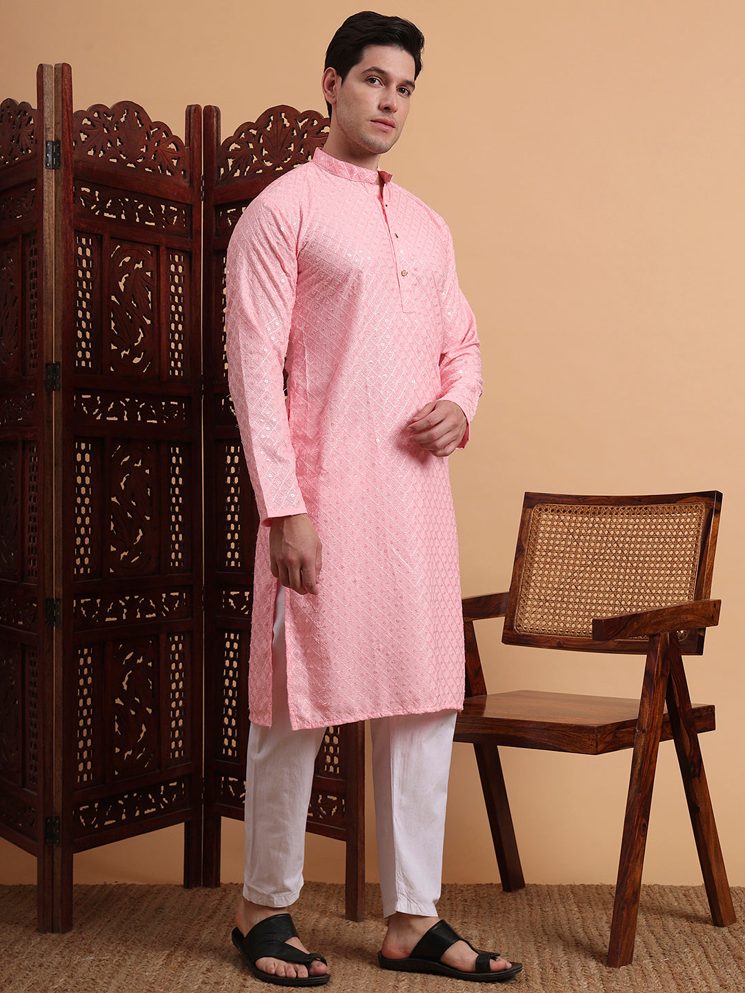 Pink Rayon Chikankari Embroidered Traditional Kurta Pajama