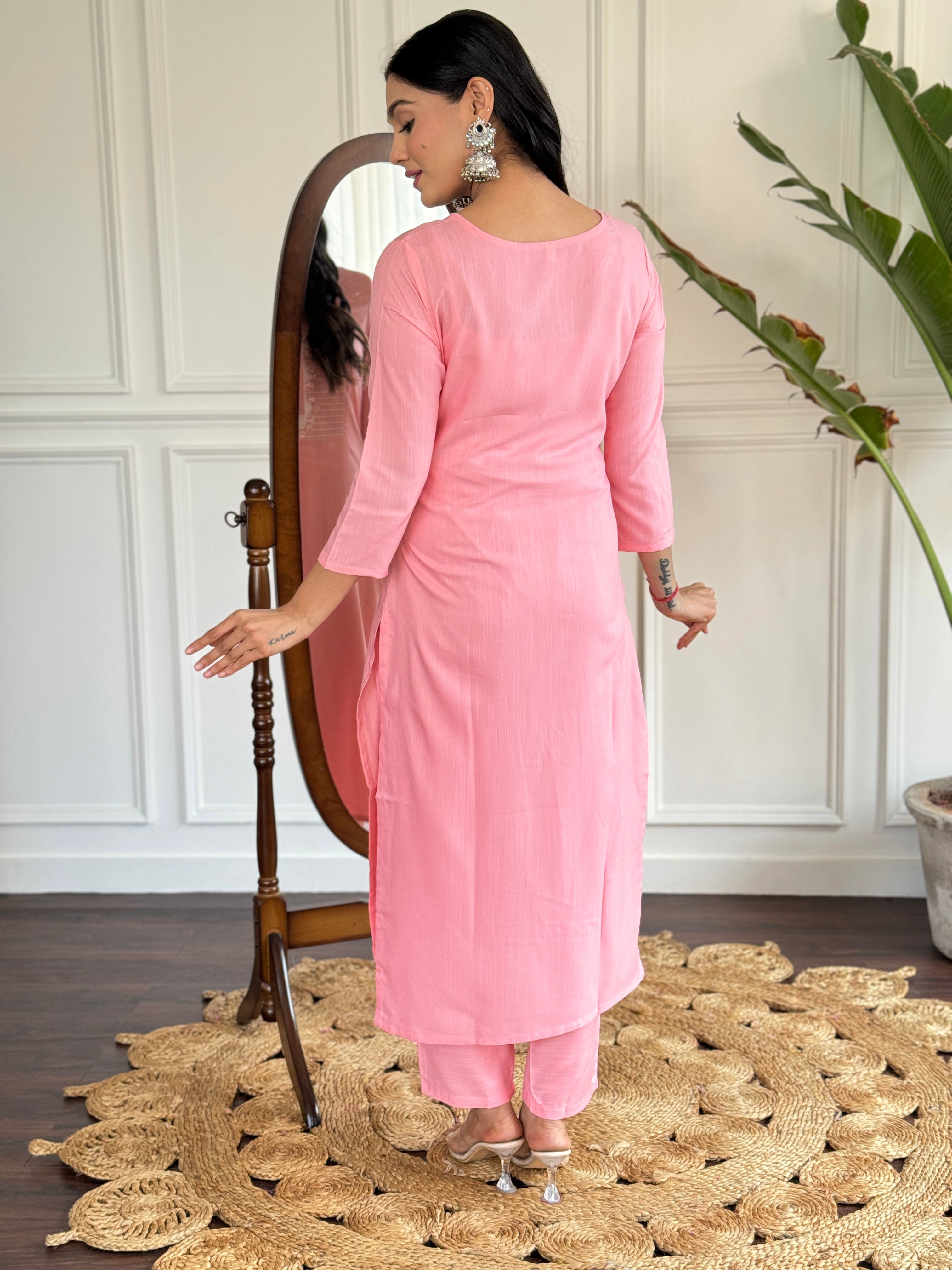 Pink Rayon Slub Elegant Kurta Pant Set With Thread Work