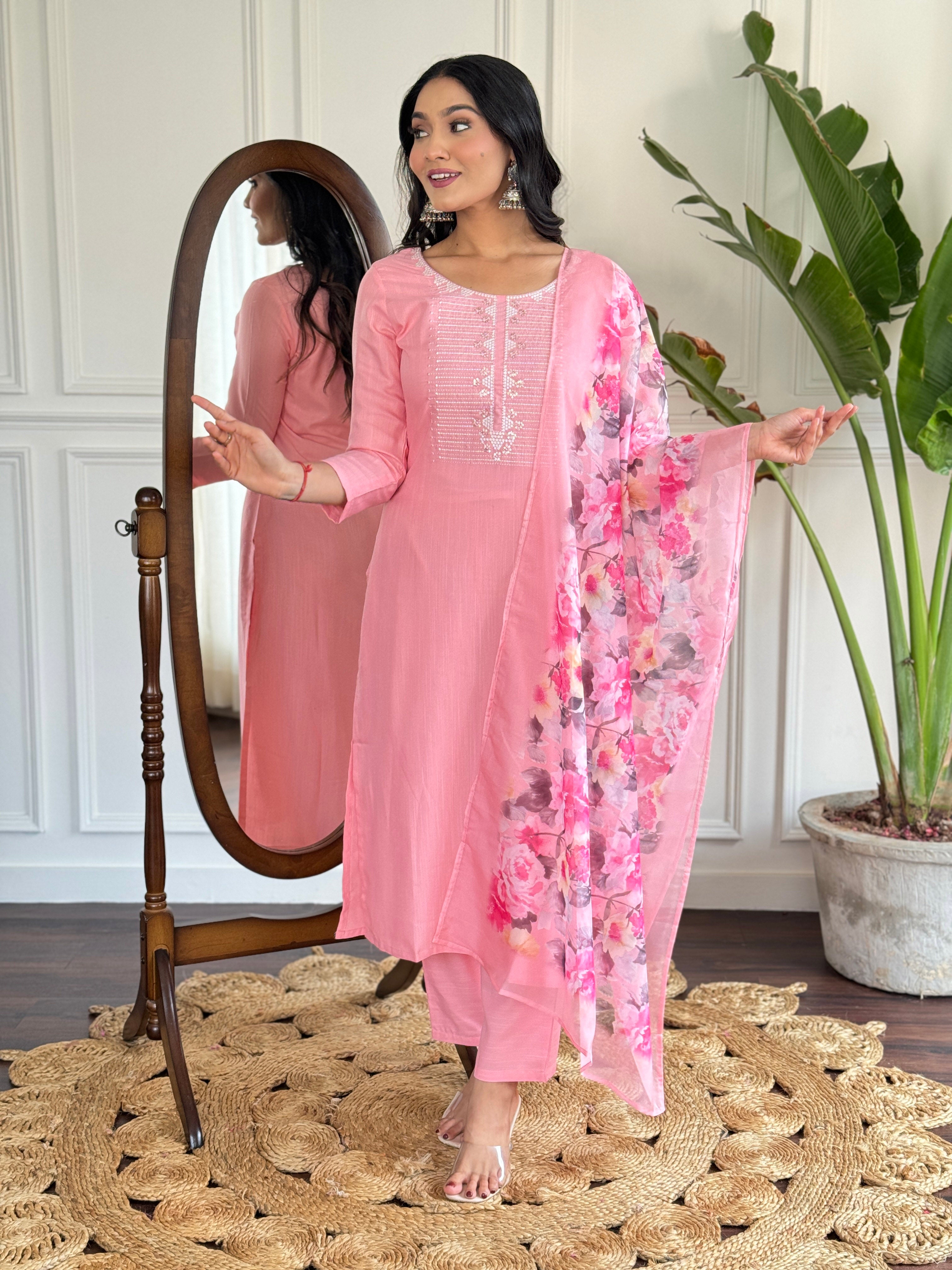 Pink Rayon Slub Elegant Kurta Pant Set With Thread Work