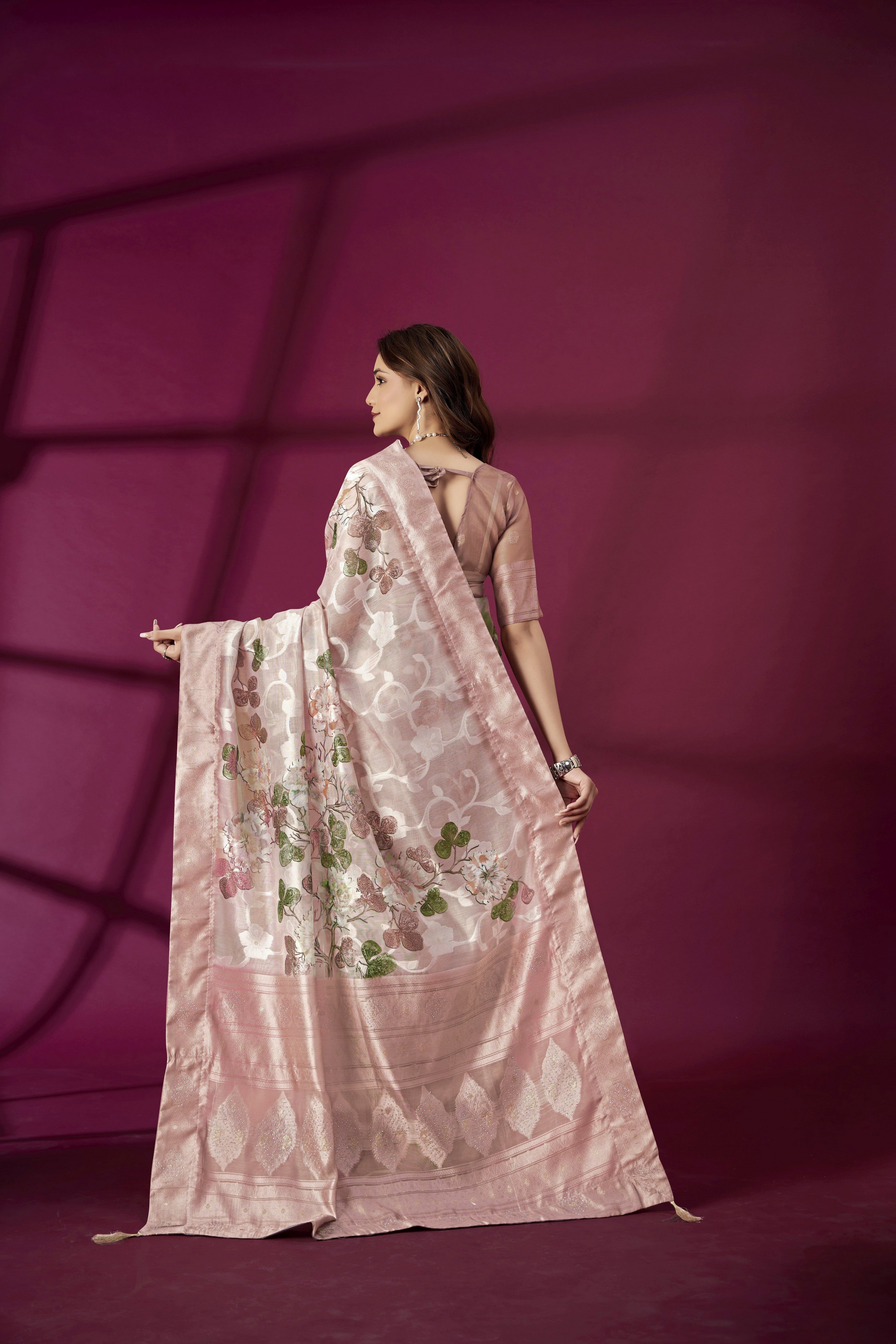 Pink Rich Silk Jacquard Designer Saree With Smart Ethnic Printed