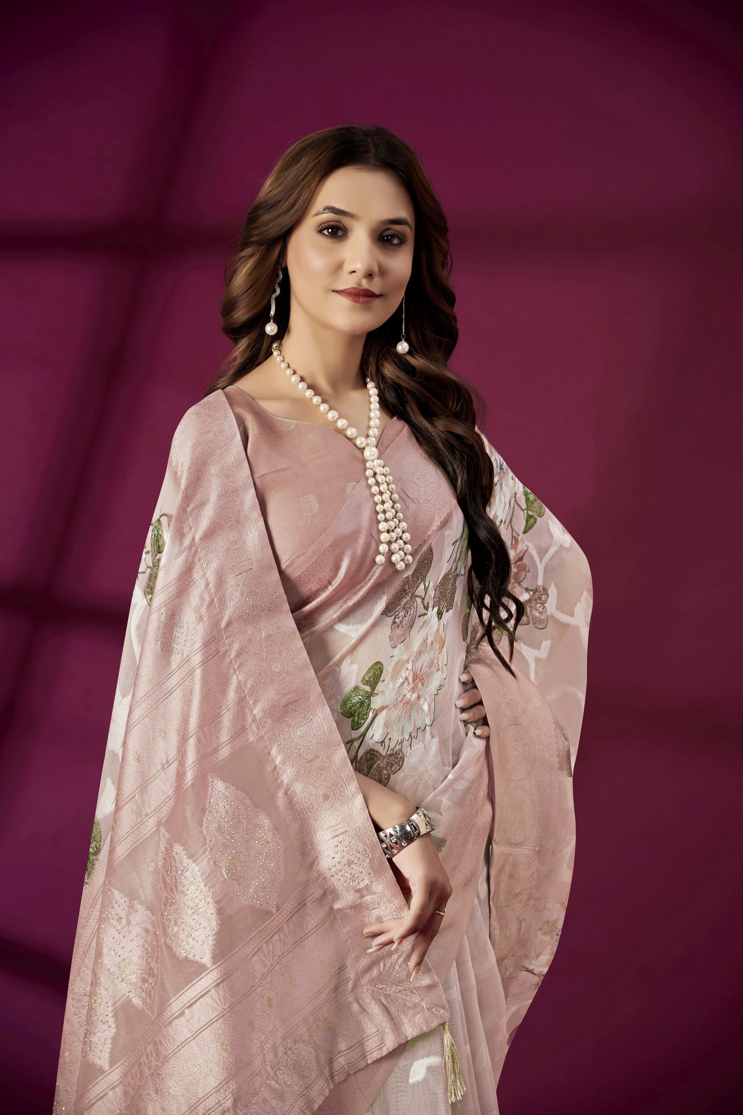 Pink Rich Silk Jacquard Designer Saree With Smart Ethnic Printed