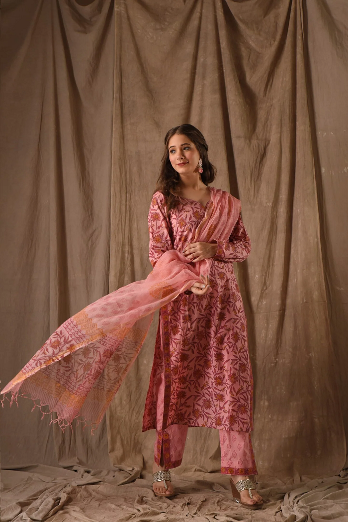 Pink Roman Linen Slub Kurta Pant Set  Printed