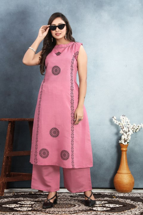 Pink Roman Silk Kurta Pant With Printed