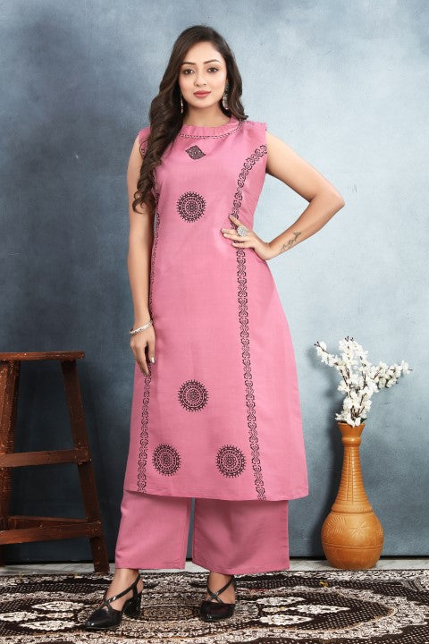 Pink Roman Silk Kurta Pant With Printed
