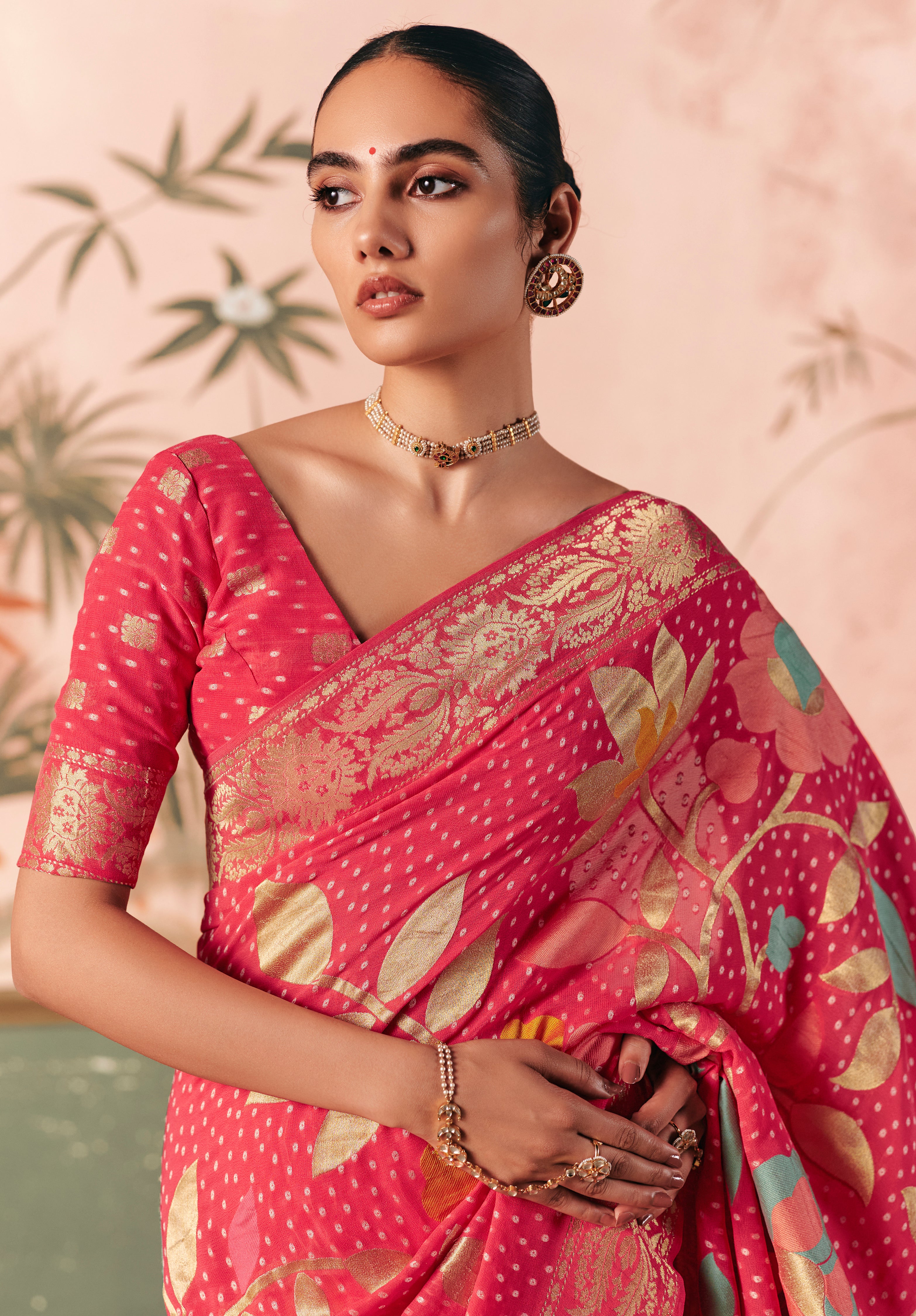 Pink Saree With  Designer Bandhej Weaving Work With Beutifull Tassles Attached