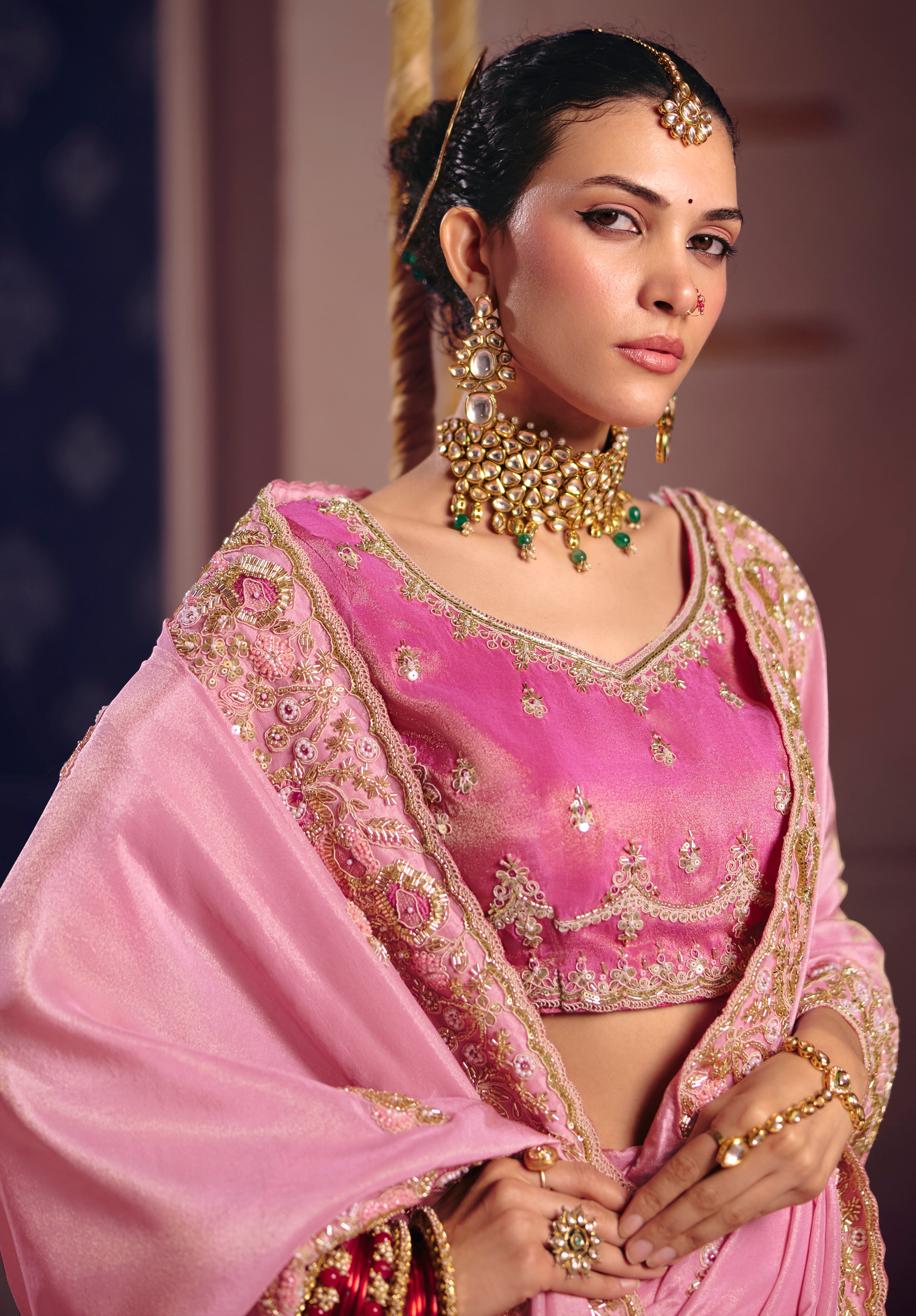 Pink Saree With  Heavy Embroidery, Beads With Sequince Work