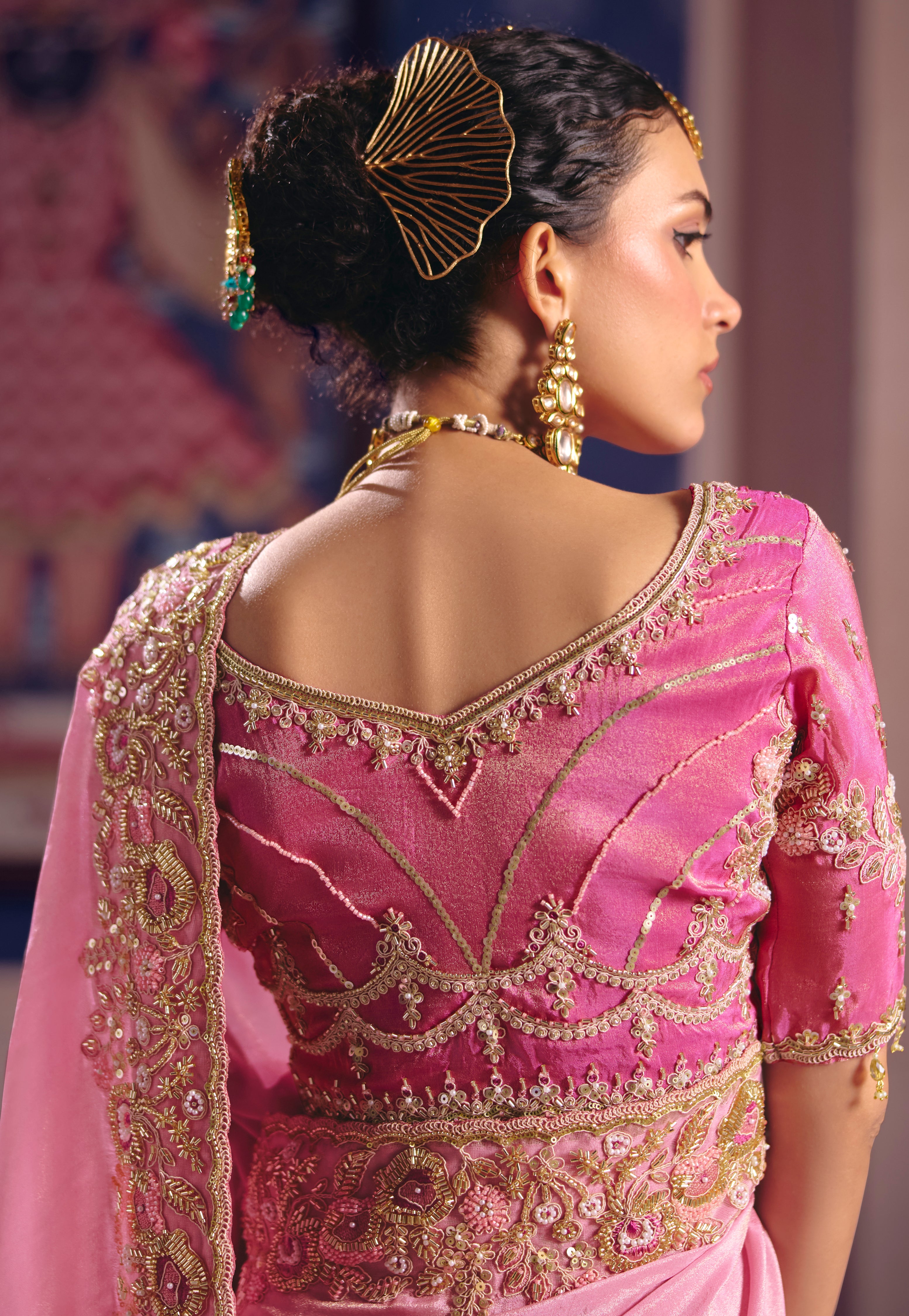 Pink Saree With  Heavy Embroidery, Beads With Sequince Work