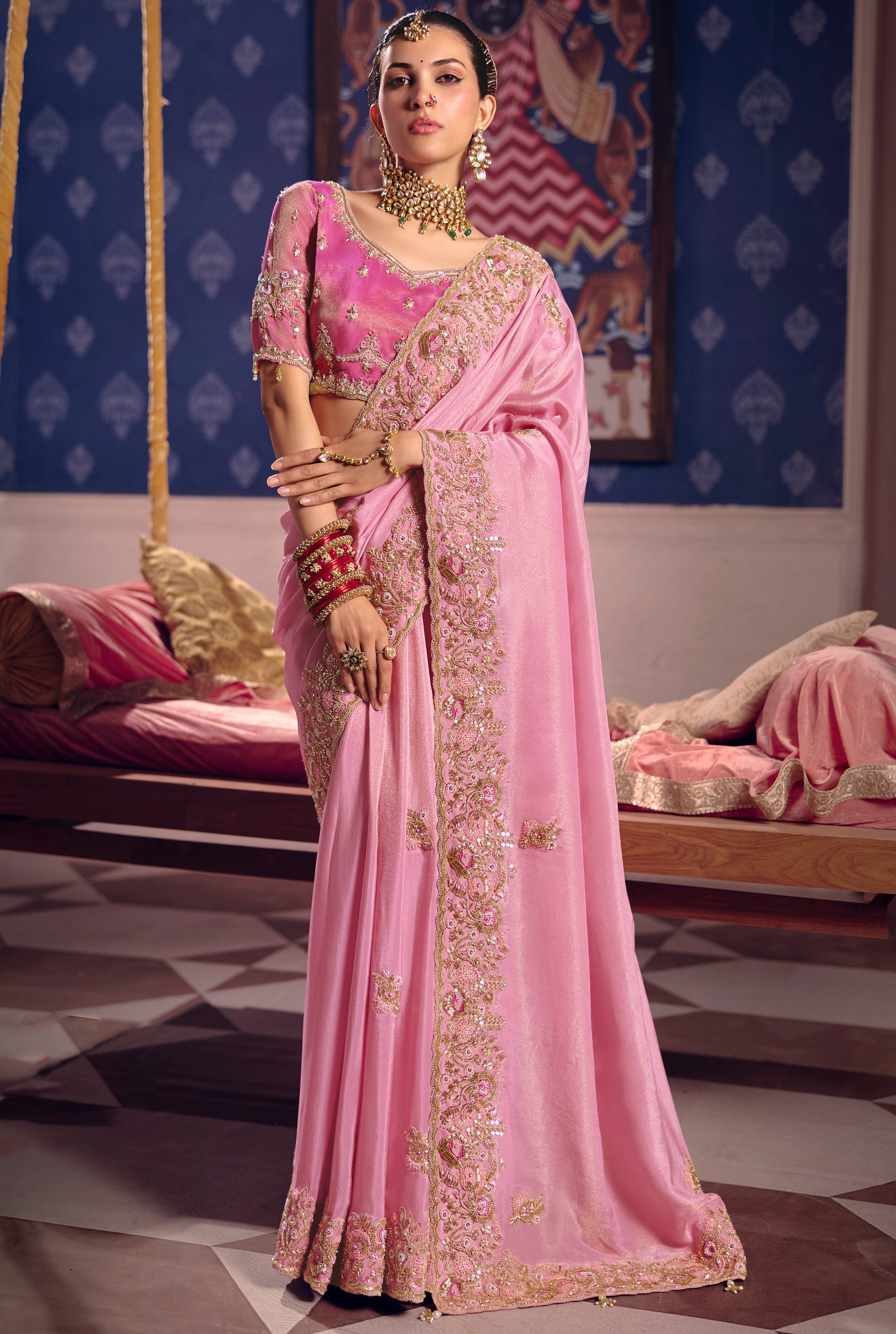 Pink Saree With  Heavy Embroidery, Beads With Sequince Work