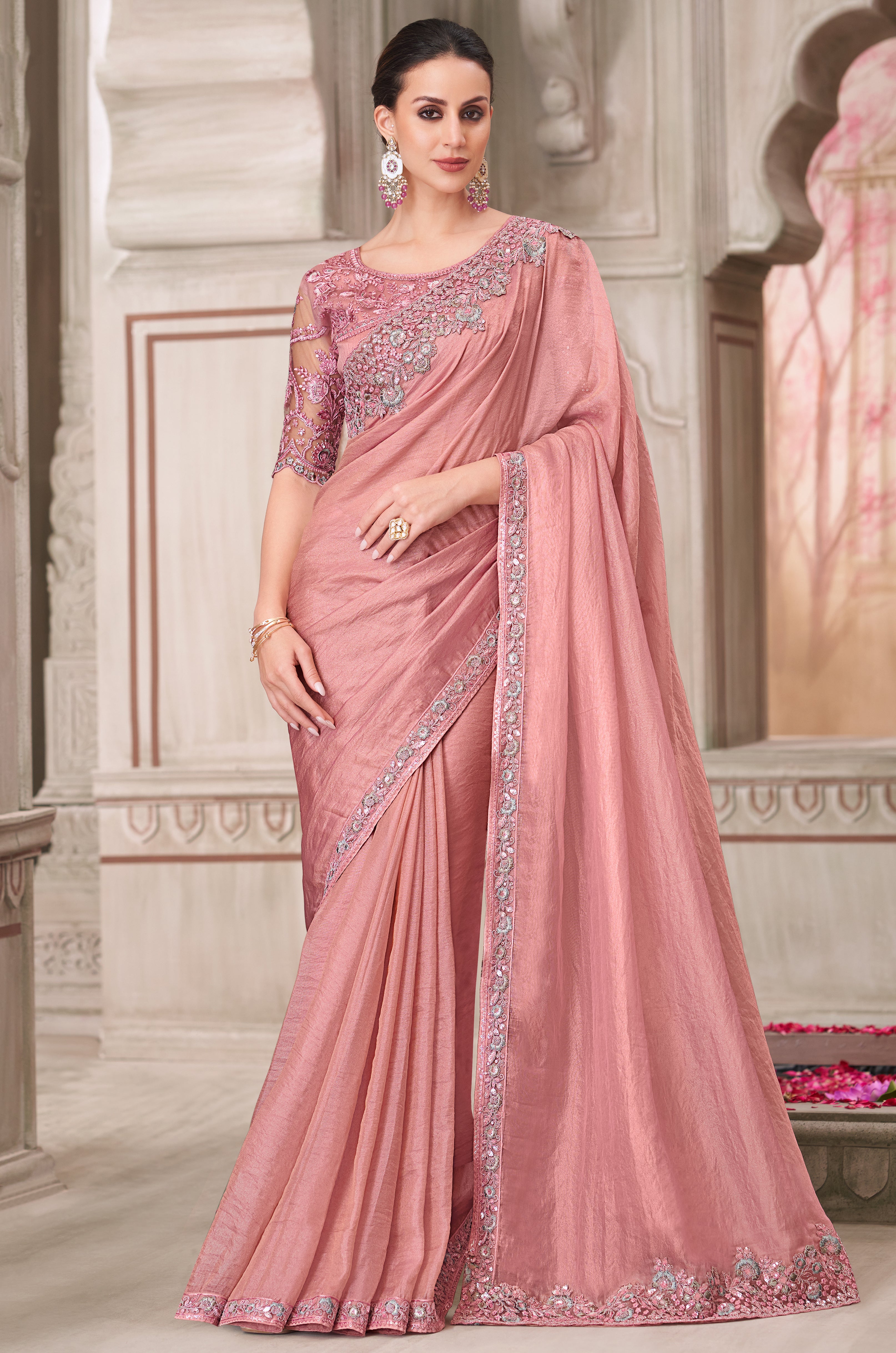 Pink Saree With  Heavy Thread Embroidery Sequins Border Work With Embroidery Blouse