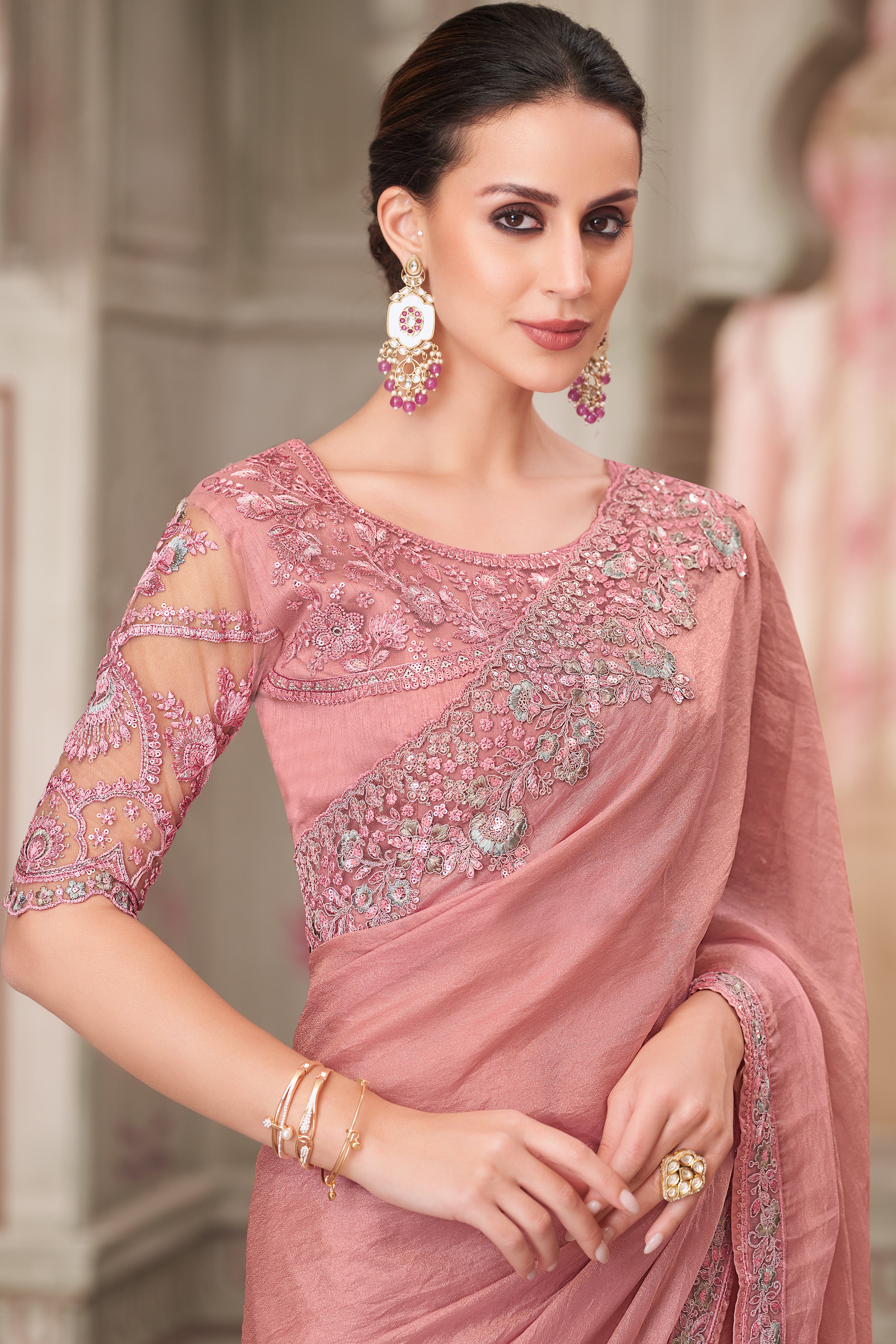 Pink Saree With  Heavy Thread Embroidery Sequins Border Work With Embroidery Blouse
